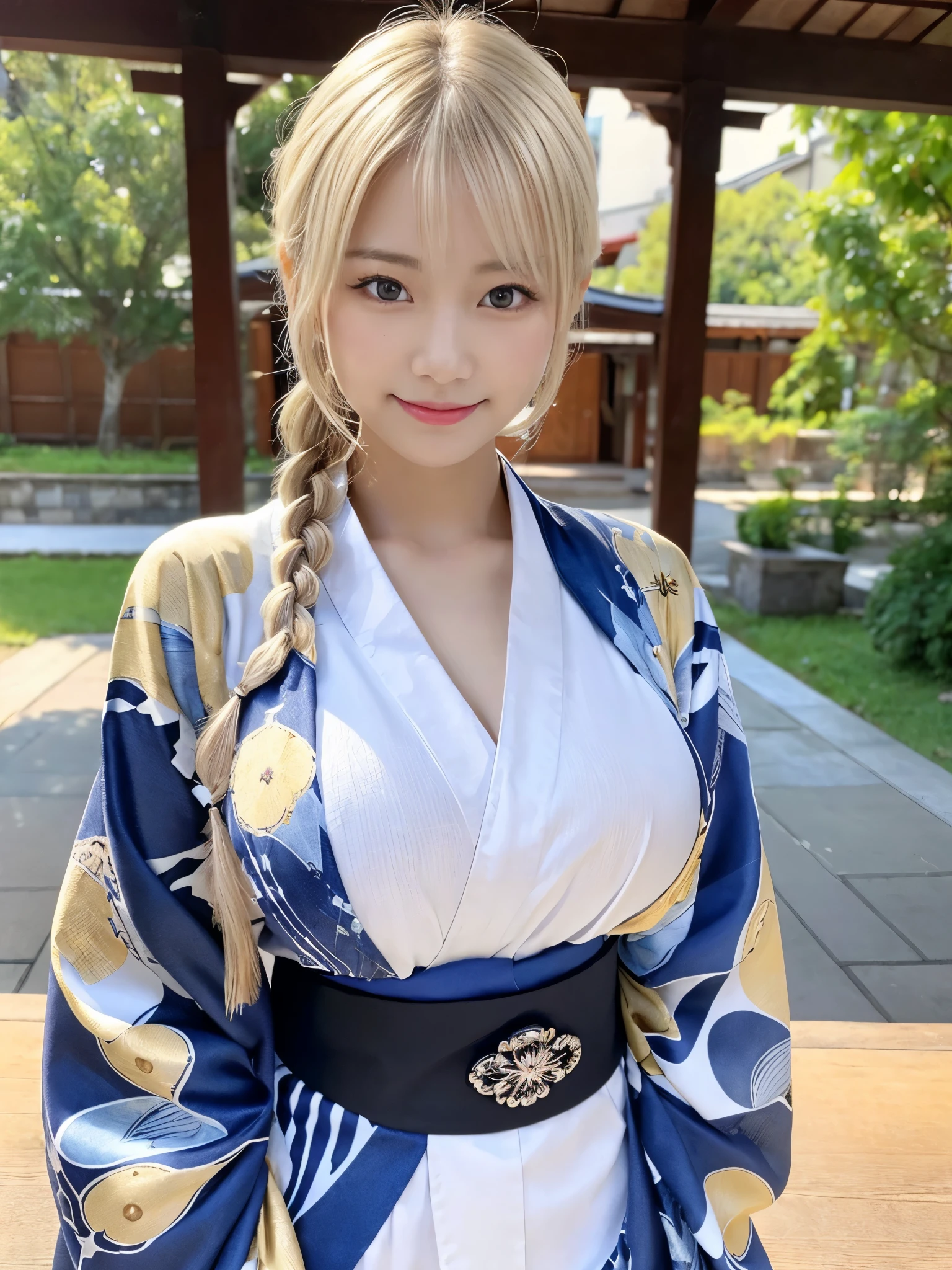 (Cowboy Shot:1.3),( Masterpiece, highest quality), 98k, ((Perfect Anatomy:1.2)),Beautiful Japanese Women, Succubus,(one person:1.3), 20-year-old, Small face,(Cute face:1.2),Smiling, Larger breasts, ,Beautiful and detailed eyes, Evenly spaced eyes 1.2, long platinum blonde hair,(Braided upstyle), (Highly detailed face and skin texture), Beautiful face in golden proportions,White skin,(Kimono Beauty:1.2),Random sexy poses、(Expose the valley:1.3),(Exposing your thighs)