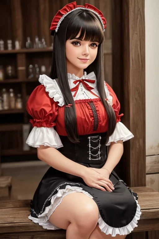 1woman, masterpiece, best quality, ultra-detailed, beautiful detailed, (((extremely detailed face))), (((blunt bangs))), (((big frills and ribbon))), grin, (((red blouse))), (black skirt), suspender dress, shoulder-length black hair,olhos castanhos, thin lips, Rosto redondo,seios grandes, cintura larga com uma barriguinha de chopp as vezes, 1,67m e 46 kg,sentada dentro do seu Fusca 1969