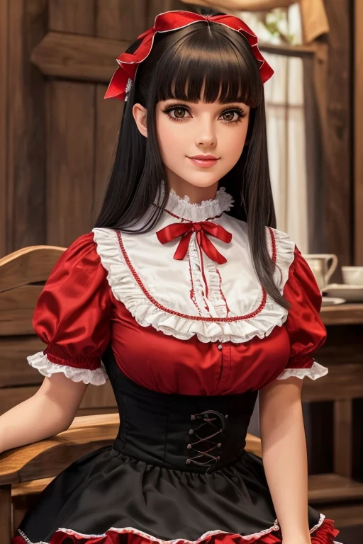 1woman, masterpiece, best quality, ultra-detailed, beautiful detailed, (((extremely detailed face))), (((blunt bangs))), (((big frills and ribbon))), grin, (((red blouse))), (black skirt), suspender dress, shoulder-length black hair,olhos castanhos, thin lips, Rosto redondo,seios grandes, cintura larga com uma barriguinha de chopp as vezes, 1,67m e 46 kg,sentada dentro do seu Fusca 1969