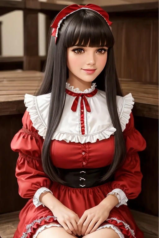 1woman, masterpiece, best quality, ultra-detailed, beautiful detailed, (((extremely detailed face))), (((blunt bangs))), (((big frills and ribbon))), grin, (((red blouse))), (black skirt), suspender dress, shoulder-length black hair,olhos castanhos, thin lips, Rosto redondo,seios grandes, cintura larga com uma barriguinha de chopp as vezes, 1,67m e 46 kg,sentada dentro do seu Fusca 1969