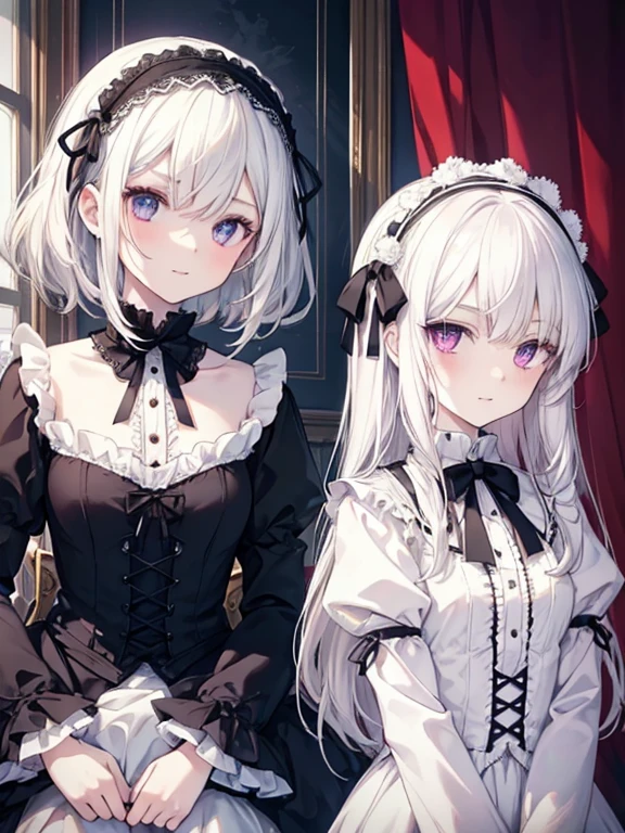 Tabletop, highest quality, (Perfect Face:1.1), (Attention to detail:1.1), (Ultra-detailed eyes), dramatic, Ultra-thin illustration, Very detailed, Two Girls, (Pale skin), (Medium White Hair), Psychic Eyes, We say, (Thin eyebrows),blush,alone, smile, Open your mouth,Cinema Lighting, View Viewer,Gothic Lolita, Frills, ribbon,Headdress,room,White Dress,Black Dress,Purple Eyes