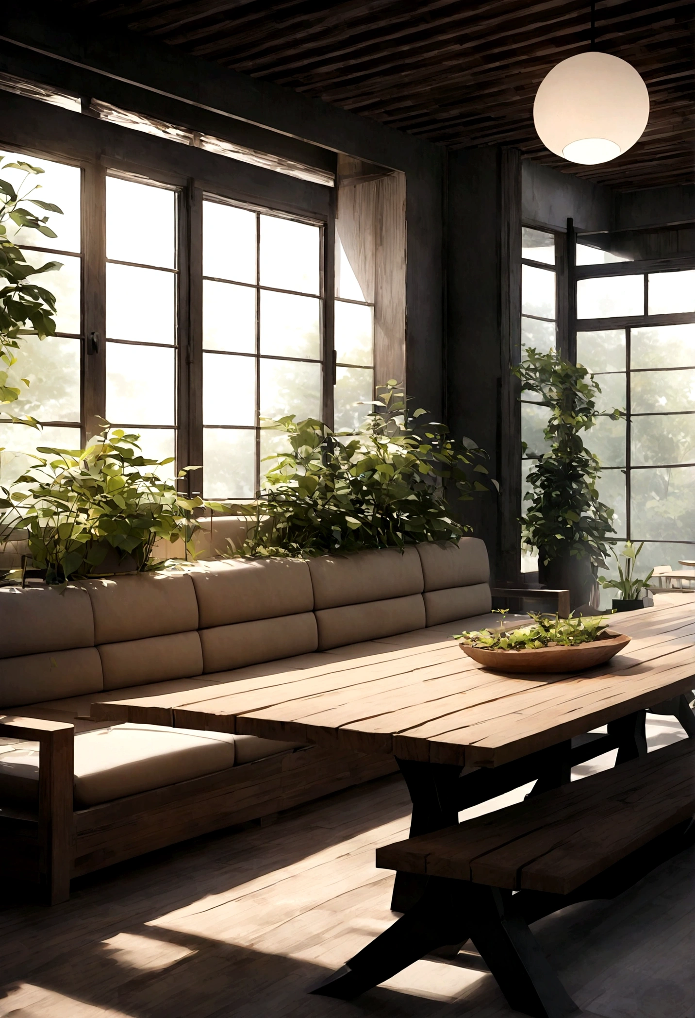 This image depicts a modern, open-concept interior space with a strong emphasis on natural elements. The design seamlessly integrates indoor and outdoor areas, featuring large windows that allow for ample natural light and views of greenery. The space includes a dining area with a wooden table and bench seating, accented by a stylish black table lamp. In the background, there is a living area with comfortable seating and additional plants, creating a harmonious and tranquil environment. The use of natural materials and the presence of plants throughout the space contribute to a serene and inviting atmosphere