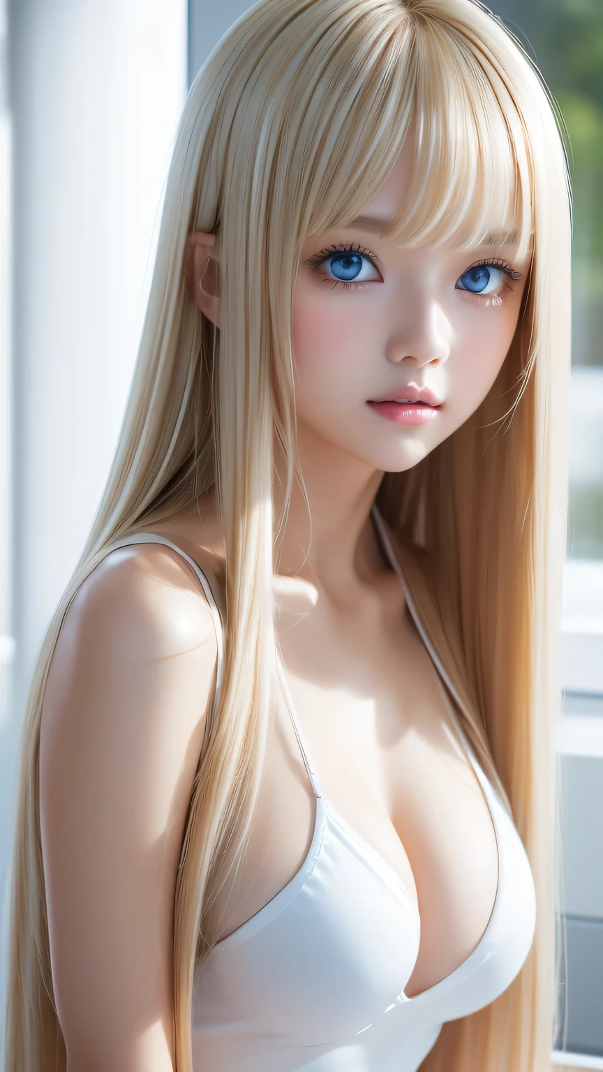 White shiny skin、Blonde hair color that changes with light、Long bangs obstruct the view、Glossy highlight on cheeks、Sexy and very beautiful nice cute gorgeous face、The most beautiful face in the world、Super long gorgeous spare blonde hair、Smooth straight hair、Big Breasts, Shining light blue eyes、Beautiful bangs、Beautiful cute girl