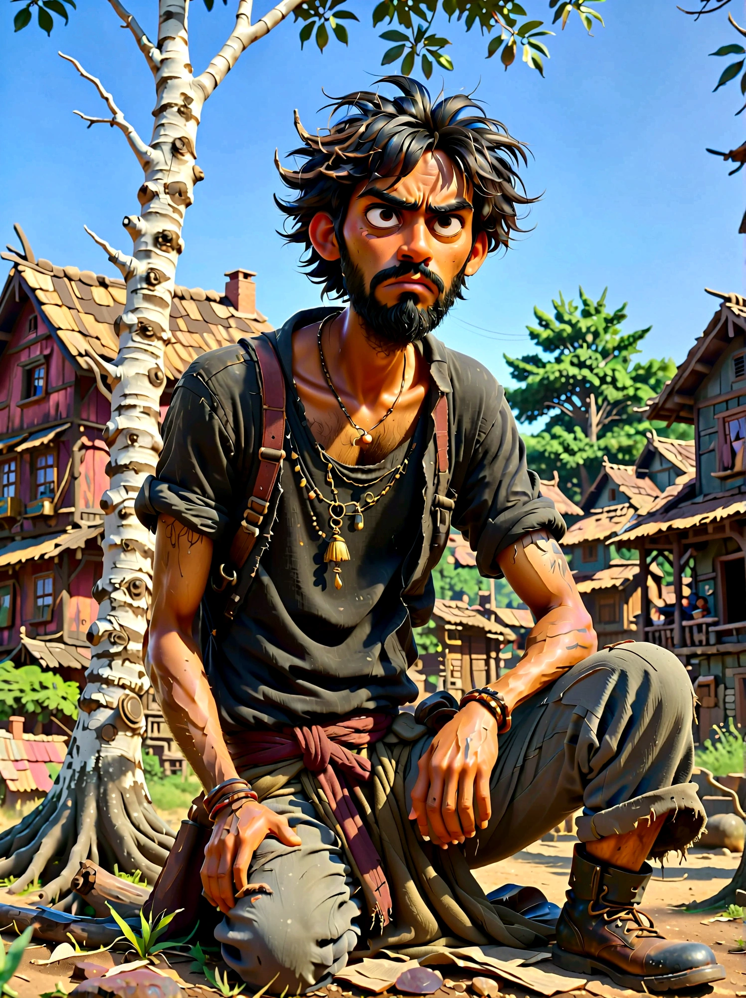 (Disney Pixar style:1.1), full-body shot, Lazy villager painting, Narayana Prabhakar, look up, (Disgusted look:1.5), Messy black hair, Scruffy black beard, Against the backdrop of the village, (Sit under a tree:1.15), Wearing a dark brown torn shirt and ragged grey pants, Dusty black work boots, On a summer afternoon