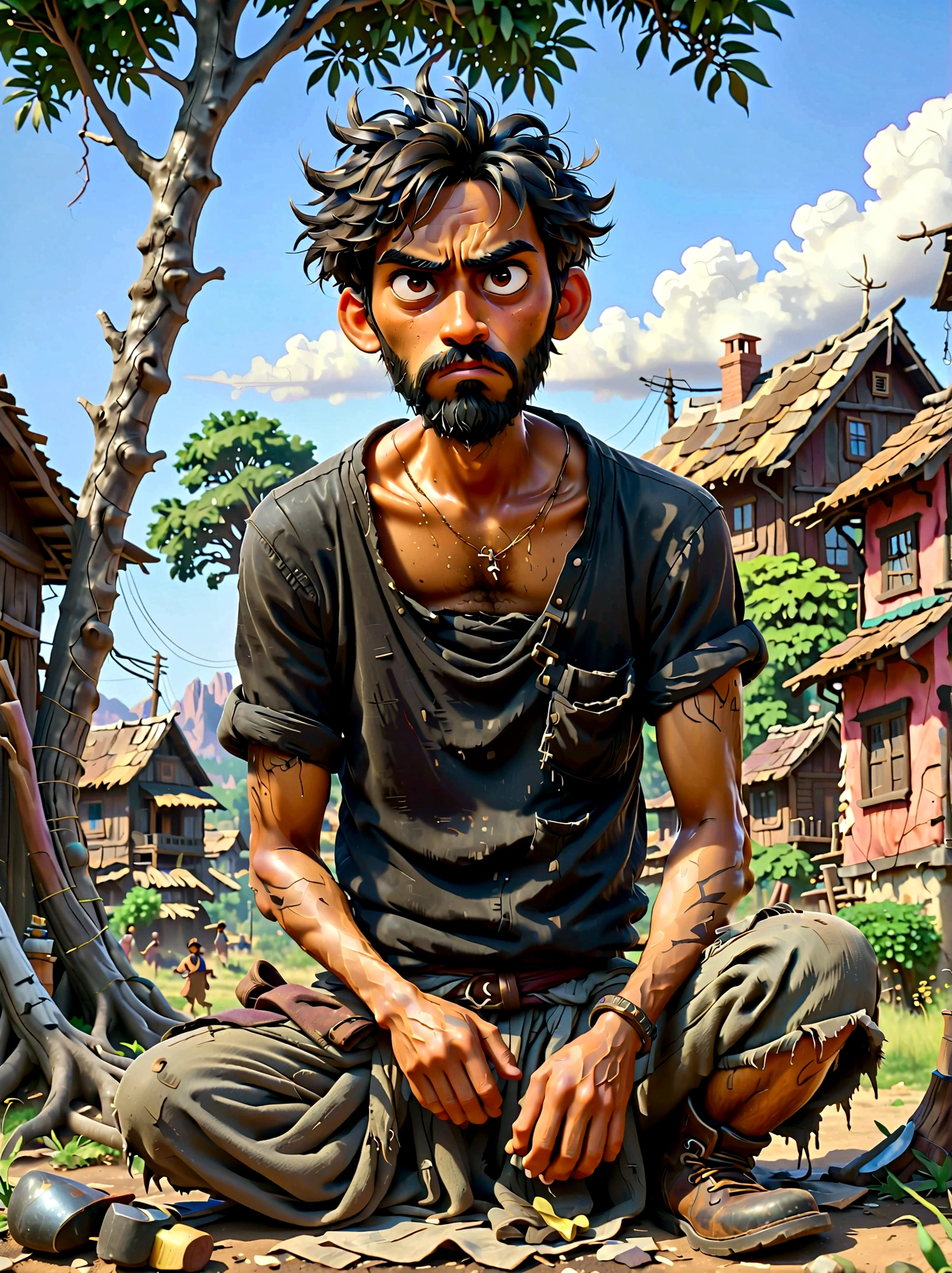 (Disney Pixar style:1.1), full-body shot, Lazy villager painting, Narayana Prabhakar, look up, (Disgusted look:1.5), Messy black hair, Scruffy black beard, Against the backdrop of the village, (Sit under a tree:1.15), Wearing a dark brown torn shirt and ragged grey pants, Dusty black work boots, On a summer afternoon