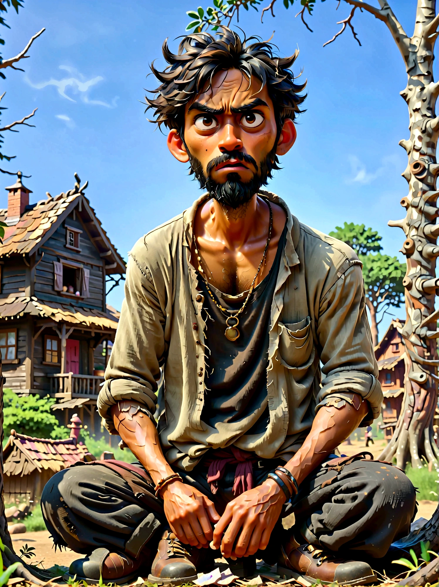 (Disney Pixar style:1.1), full-body shot, Lazy villager painting, Narayana Prabhakar, look up, (Disgusted look:1.5), Messy black hair, Scruffy black beard, Against the backdrop of the village, (Sit under a tree:1.15), Wearing a dark brown torn shirt and ragged grey pants, Dusty black work boots, On a summer afternoon