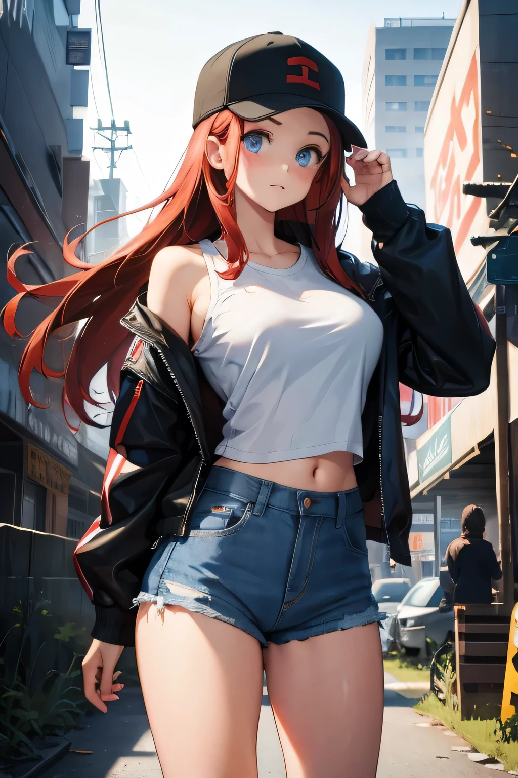 1 girl, single girl, cute, long red hair, light blue eyes, big breasts, big hips, shorts, loose white t-shirt, black jacket, sports cap, post apocalyptic, worn clothes, scratches, ruined city, destroyed city