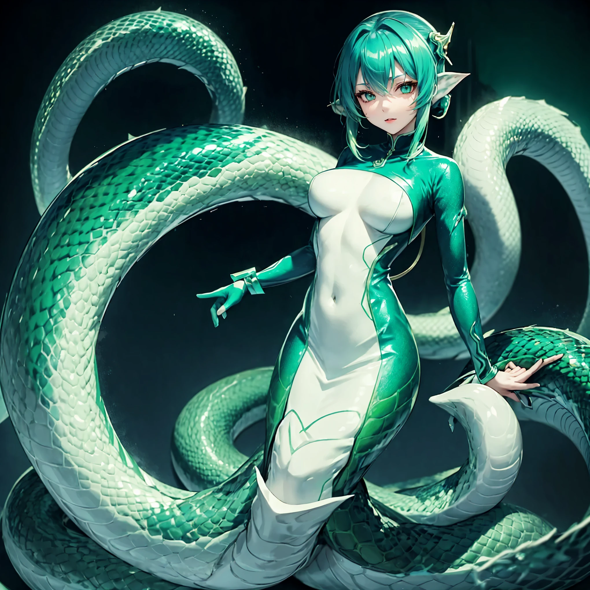 Lamia girl. Holographic color costume. Green snake body. Aqua color hair. Vampire teeth. Cyber ​​style background.