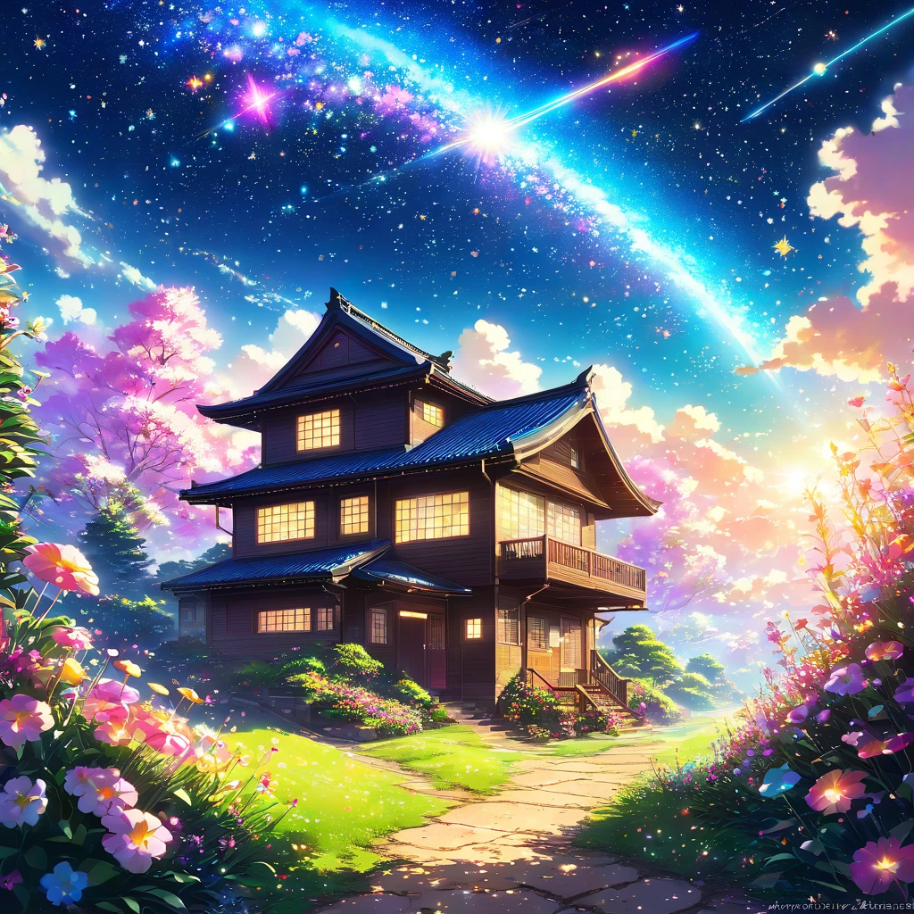 House of candy, cookie, Candy, chocolate, marshmallow, flower畑, flower, Colorful, Sparkling, dreamかわいい, Space, Starry Sky, Star dust, milky way, planet, Saturn, Sparkling, pop, Fairy tale, Fantasy, dream, hope, cute,beautiful Anime Scenery, Landscape painting, Beautiful digital painting, Andreas Rocha, Beautiful artwork illustration, Awesome Wallpapers, Raymond Han, Tall beautiful paintings, Studio Greeble Makoto Shinkai, Beautiful Wallpapers, Anime Scenery