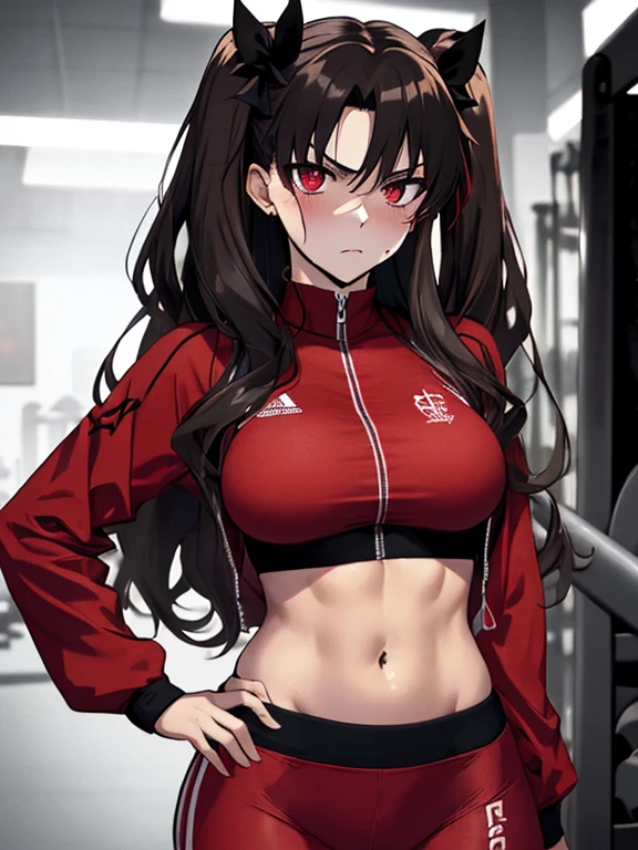 Disgusted Look, A look of disgust、Tohsaka Rin、hostage、sports warehouse、Gym suit、UHD, retina, masterpiece, ccurate, anatomically correct, textured skin, super detail, high details, high quality, best quality, highres, 4K