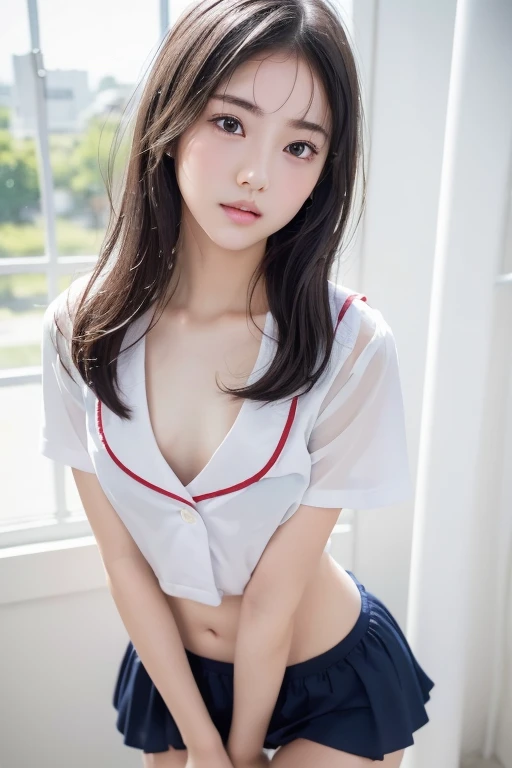 (highest quality,8k,High resolution:1.4),Super detailed,(Realistic,Realistic:1.37)(With a girl:1.3)masterpiece, Beautiful Eyes, Beautiful Hair, Sailor suit, Beautiful Face, Thin eyebrows, Shiny skin, depth の field), (Browsing Caution:1.0), (Skinny body type:1.2), (Flat Chest:1.3), Bob Hair, Cowboy Shot, One Girl, 15 years old, From above, avert your eyes, Change of clothes, underwear, woman, puberty, blush, landscape_glance, white_background, indoor, change_room, Partially_appear, throw, t の s_performance