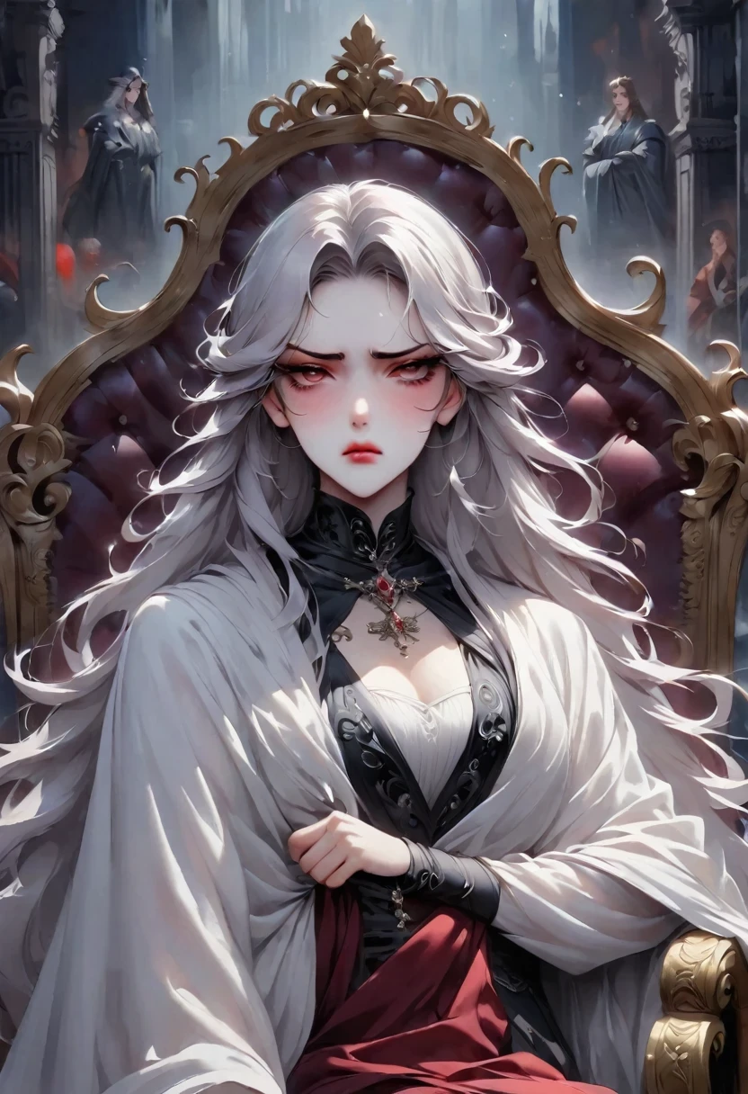 Disgusted Look,Cold and arrogant noble lady,Stubborn and prejudiced expression of disgust,Show the sarcastic face to the fullest,Throne Background