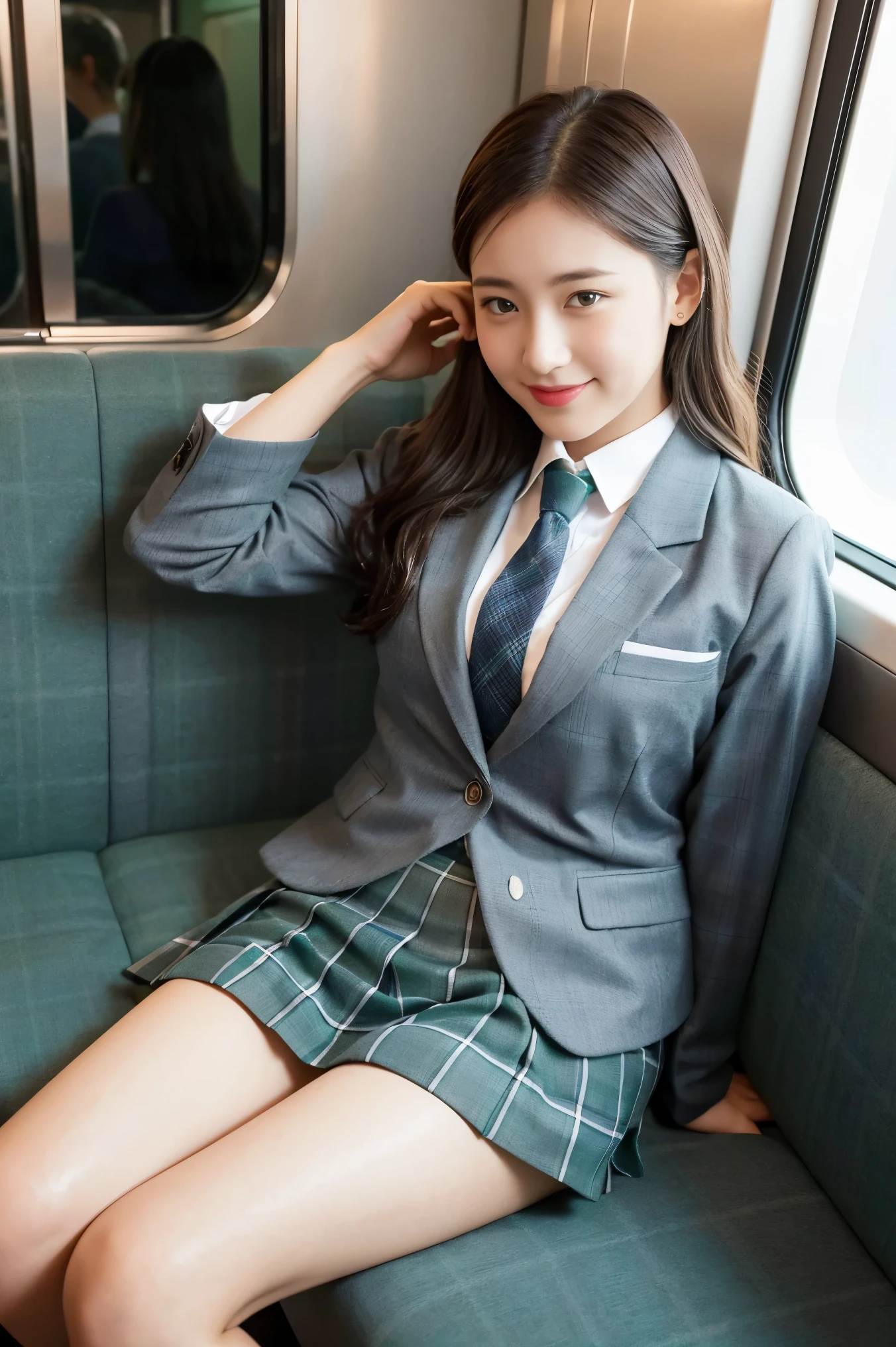 (8K), (highest quality: 1.2), (realistic), (realistic: 1.37), ultra high resolution, 1 girl, cute, smile, closed mouth, beautiful details, beautiful nose, wet hair, giant dulcefo, pork, thighs,college uniform,simple dark green blazer,baggy  white socksを履く, From above,(The pleated skirt has a blue green and gray tartan check pattern:1.4),(The tie has a moss green and greige regimental pattern.:１.1),sit in the blue seat of the train,Japanese train walls and windows,