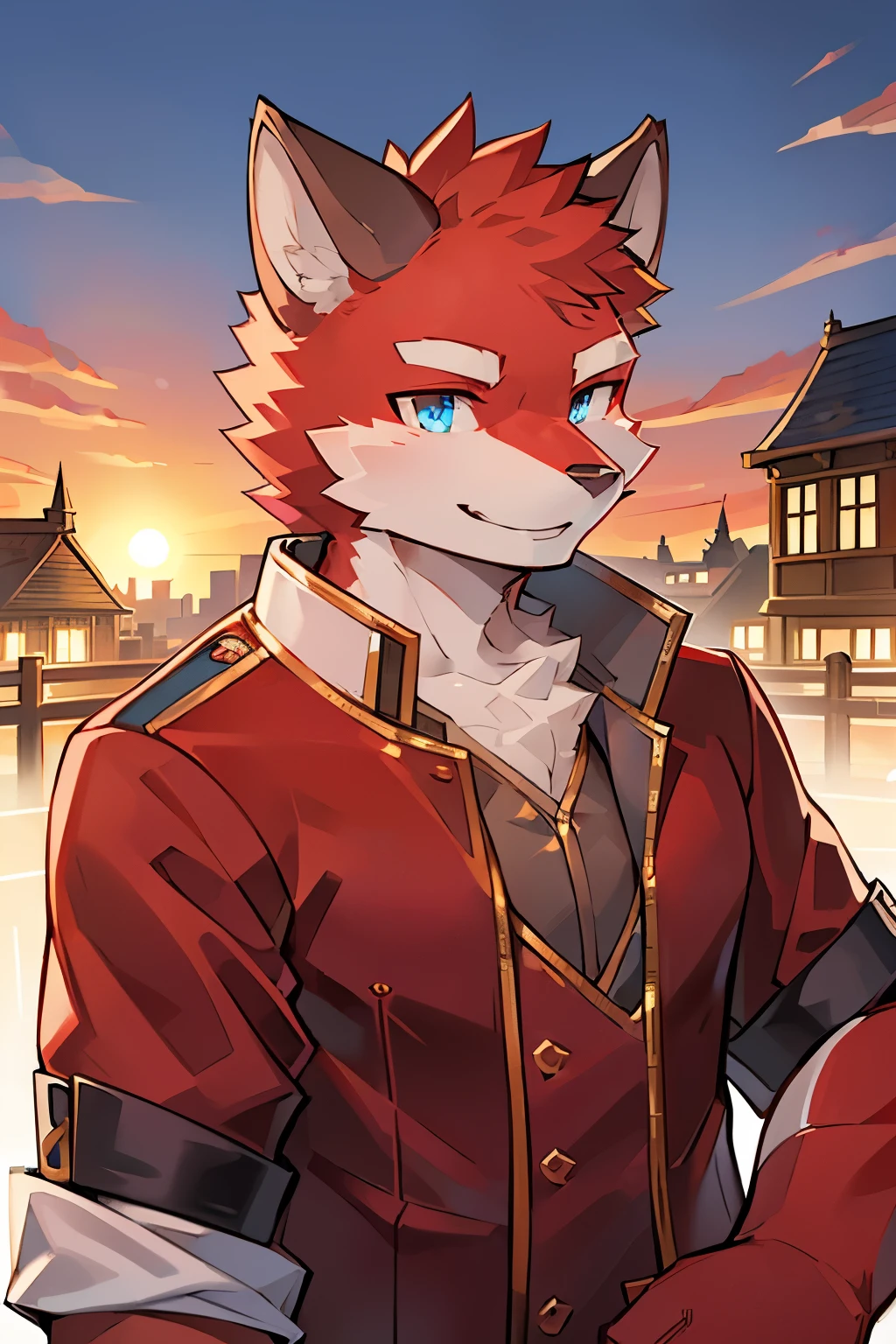 Exquisite lines，best quality。young，male，Red fur,Red ears,body torn, Background of the entrance of the city community in the evening,Direct vision,smiling,Happy Mood,greet，Blue eyes，Red Wolf Orc