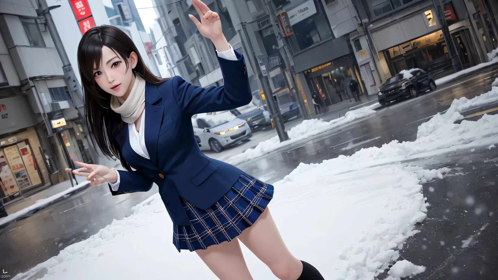 (highest quality, Tabletop: 1.1), (Realistic: 1.3), (photoRealistic: 1.3),wallpaper, break (((ff7,Tifa_Lockhart))),(((Japanese JK uniform,Navy Blue Blazer,School Shirt,Long sleeve,Navy blue plaid pleated mini skirt,Dark blue short socks,loafers,Thick, loose knit scarf))),((Hair is in the scarf)),(Background metropolis,Shibuya Ward:1.1,Hard snow:1.3,neon:1.2),Cinema Lighting,City lights at night,(Sculptural installation:1.3,Nogizaka Idol),Highly detailed face, Fine grain,Red eyes, break (((ff7,Tifa_Lockhart))),(Black brown hair, Big Breasts: 1.0), break , Around 18 years old,cute,Sensual,View Viewer,Beautiful feet,walk,Wet body:1.3,heavy snow  , In the snow,it&#39;s snowing