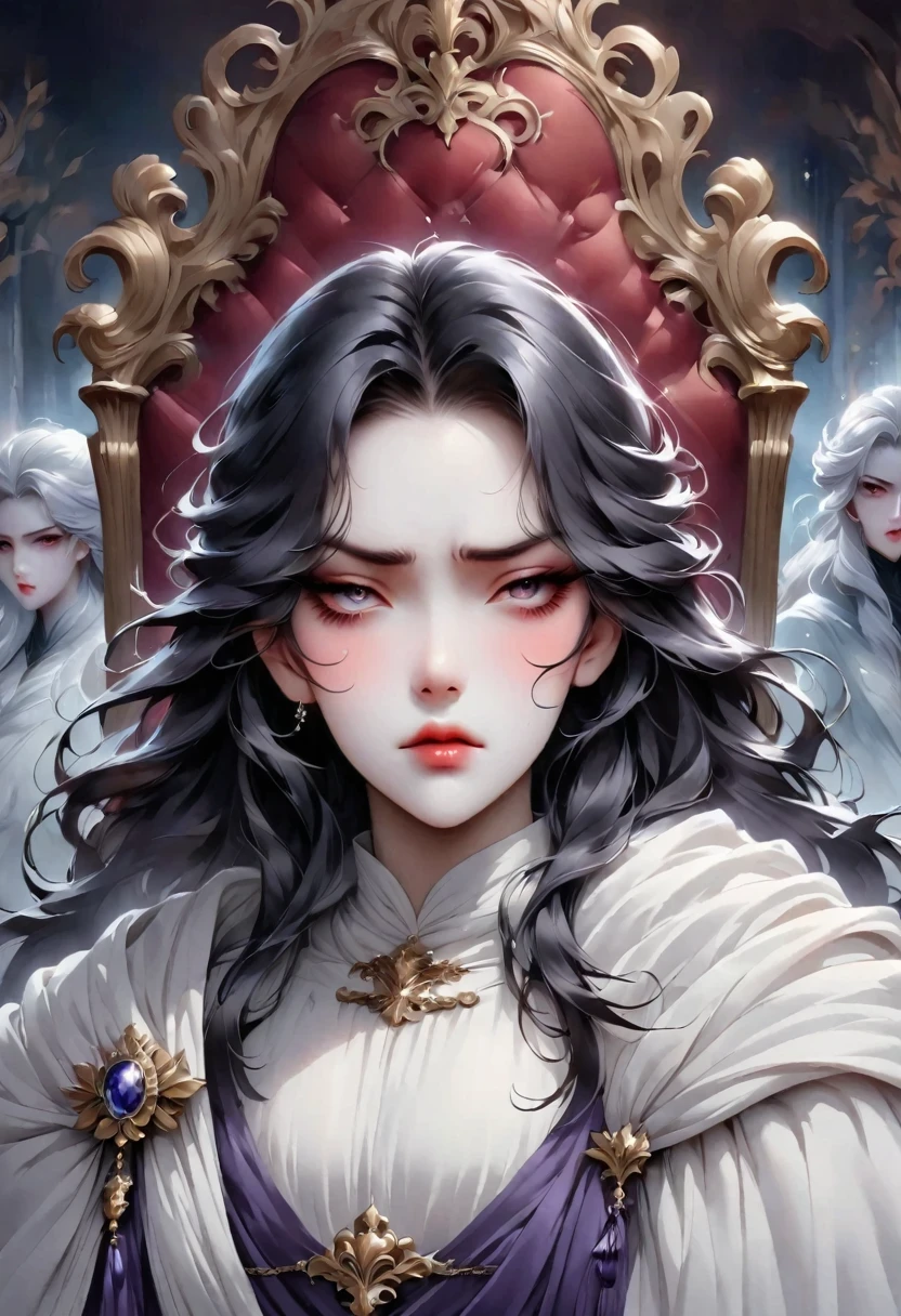 Disgusted Look，Cold and arrogant noble lady，Stubborn and prejudiced expression of disgust，Show the sarcastic face to the fullest，Throne Background