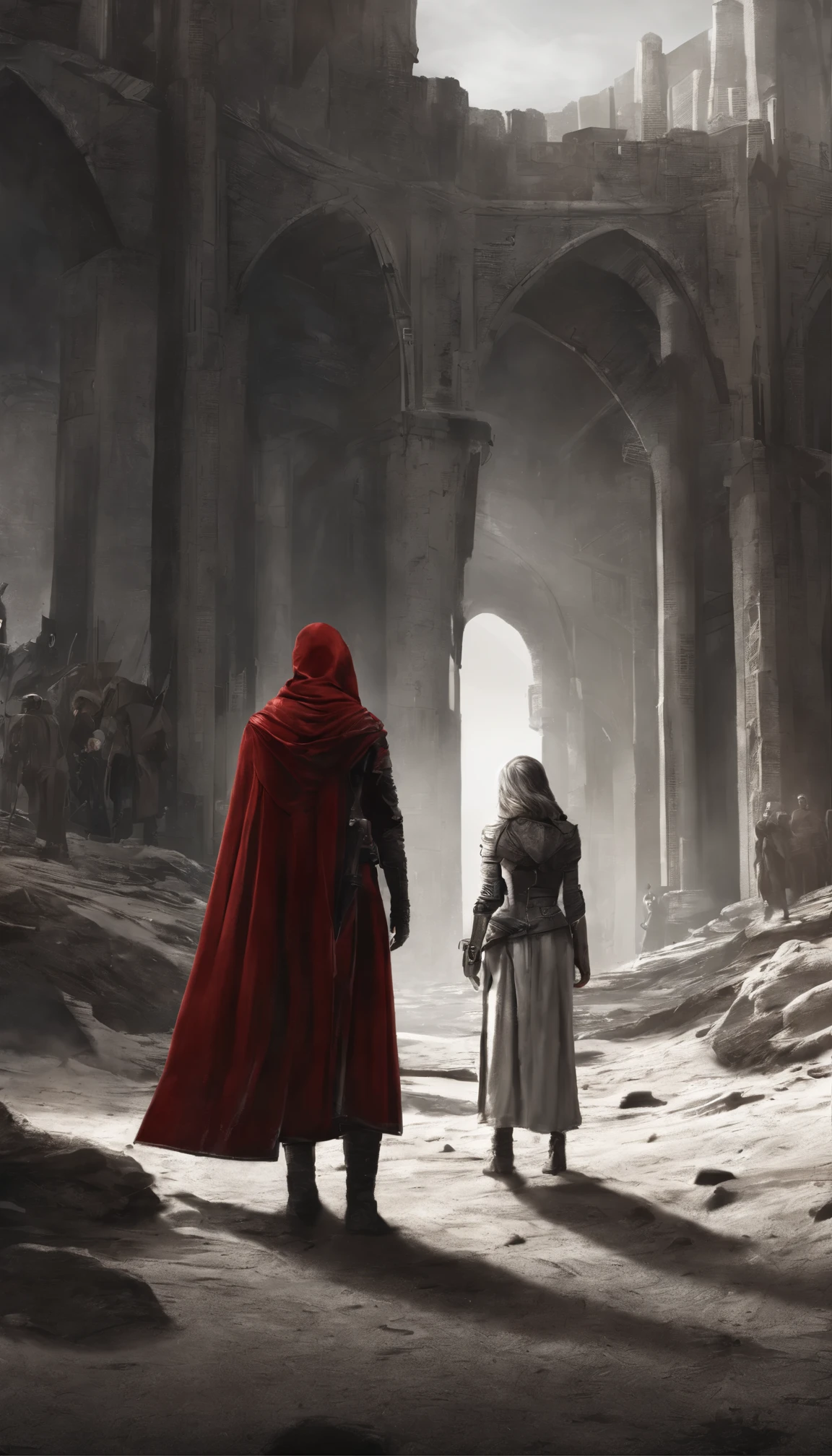 There is a tall man and a short woman wearing medieval clothes and capes in red and white colors.. The people have their backs turned and walk towards a wall in the desert of a large city. In the desert there are 2 large scorpions. Estilo medievail. 8K, , wide angle. Bem detalhado. Estilo medieval.