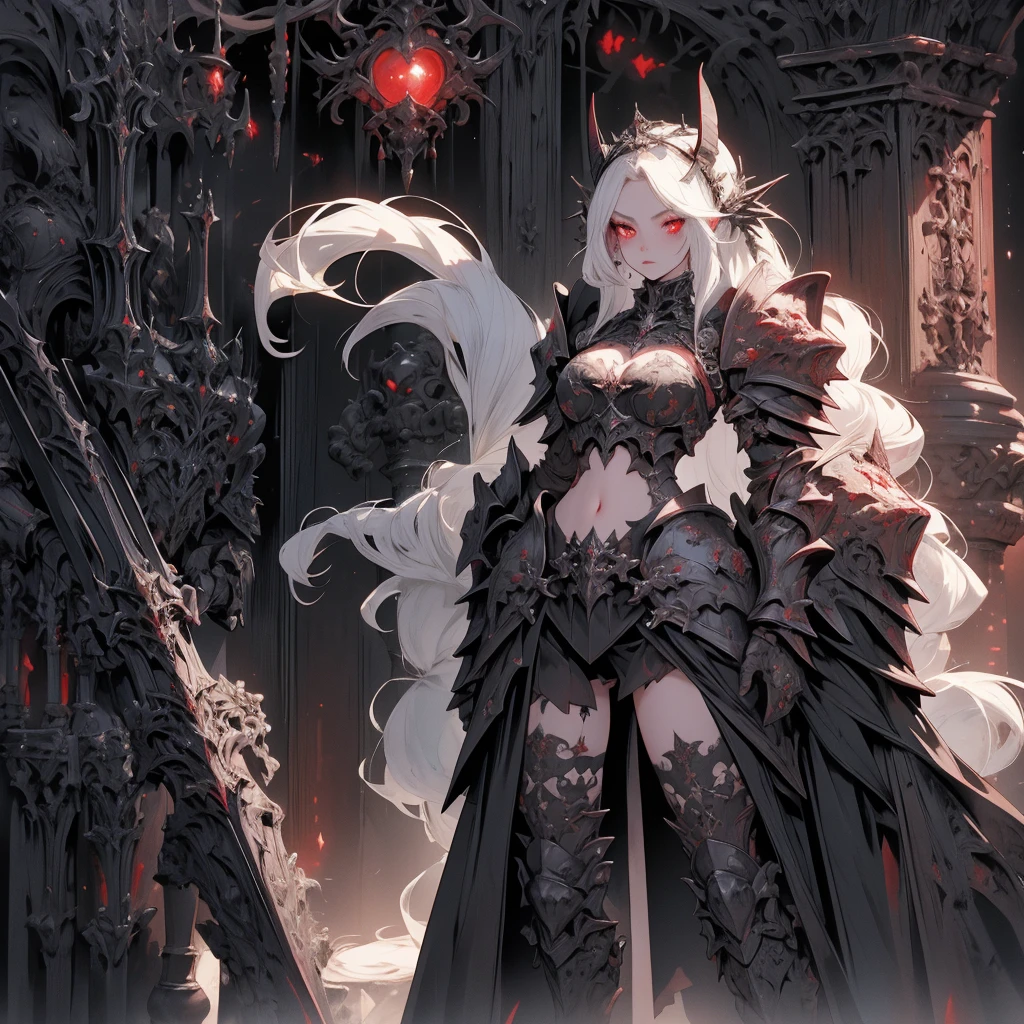 queen power armor , (gothic style), full body view , bellybutton, The most beautiful and sexy demon goddess, long white hair, glowing red eyes, wearing detailed black gothic battle armor, black angel wings, tattoos and piercings, gothic castle, perfect masterpiece, high quality, high resolution
