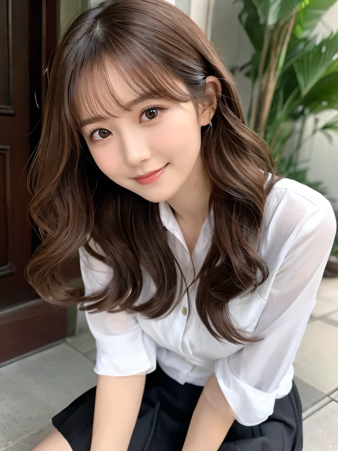 Realistic:1.2,masterpiece,highest quality,98k,((One Woman)),20-year-old,Japanese women、Tight waist,Perfect Anatomy, Brown Hair, Wavy Hair,Random Hairstyles,Big beautiful breasts,((Fully detailed face and eyes:1.2))((Cute Face:1.2)),Random Pause,smile、Black secretary suit、mini skirt、Full Body Shot,Natural Face,70mm lens、With legs apart