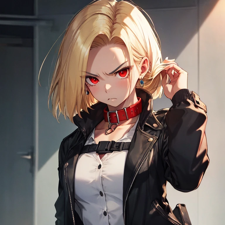 A look of disgust、A look of disgust、Android18Number, collar, UHD, retina, masterpiece, ccurate, anatomically correct, textured skin, super detail, high details, high quality, best quality, highres, 4K