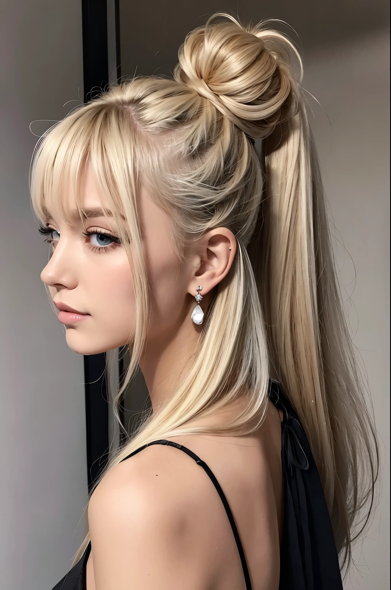 A woman with long blonde hair wearing a black dress and earrings, messy ponytail, ponytailのブロンドの髪, disheveled blonde hair, Blonde. ponytail, Beautiful blonde hair, Cool disheveled hair, messy Blonde, Half-up hairstyle, sleek Blonde, Messy hairstyle, Blonde medium hair, ponytail hair, long swept back Blonde, silver hair ponytail