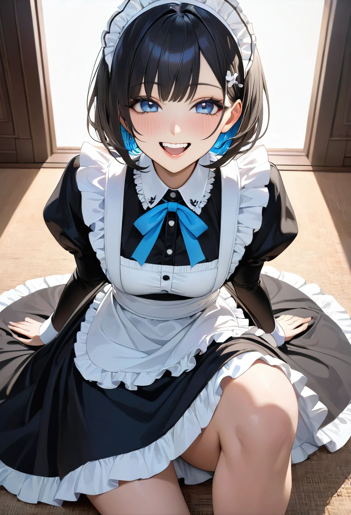 ((SFW、Masterpiece、Best Quality、Mastepiece、highest quality、highest level、Highest quality、One girl、English Maid、Ruffled Headband、Short bob cut、Frilled blouse、Ribbon tie、apron、Long Skirt、Puff sleeves、White silk ankle sock ruffles、Black Hair、Intense pale blue eyes、Eye-catching highlights、Perfect Anatomy、Dynamic Lighting、Lip gloss))、(Raw photo:1.2)、(Photorealistic:1.4)、(I hardly ever look up、Stare intently into the camera、Take a photo from a slightly higher angle with your camera)、A beautiful face with perfect symmetry、Beautiful detailed woman、Very detailedな目と顔、Beautiful detailed eyes、Great smile、Laughing very happily、Laughing a lot、Beautiful teeth、Beautiful teeth alignment、Super detailed、Very detailed、Light on the Face、((Dynamic Pose))、(Camel Toe)、(half)、(Sitting with bent knees)、Short Hair、Crossed bangs、Asymmetrical bangs、Short bob cut、Put out your ears、Eyelashes、Cute Hadow Fade、Shadow Fade:0.9、A little natural light coming in from the front、There's a little natural light coming in from both sides.、Daytime autumn nature background:1.2、The face becomes a little brighter