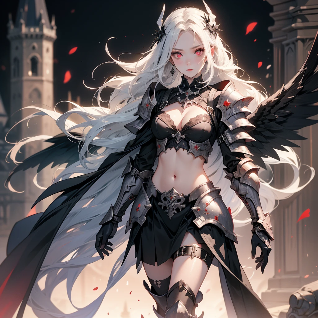 queen power armor , (gothic style), full body view , bellybutton, The most beautiful and sexy demon goddess, long white hair, glowing red eyes, wearing detailed black gothic battle armor, black angel wings, tattoos and piercings, gothic castle, perfect masterpiece, high quality, high resolution