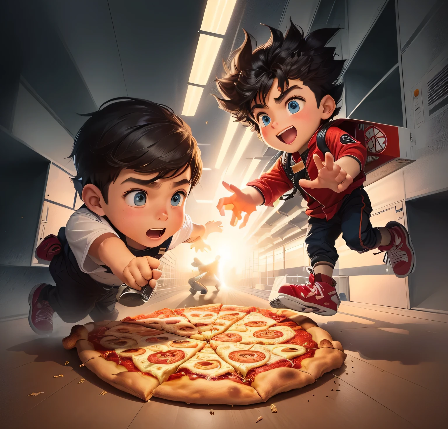 A little boy is about to fall onto a giant pizza,A handsome boy next to him rushed over to help him,Comic Style,Thick lines,dynamic,more details