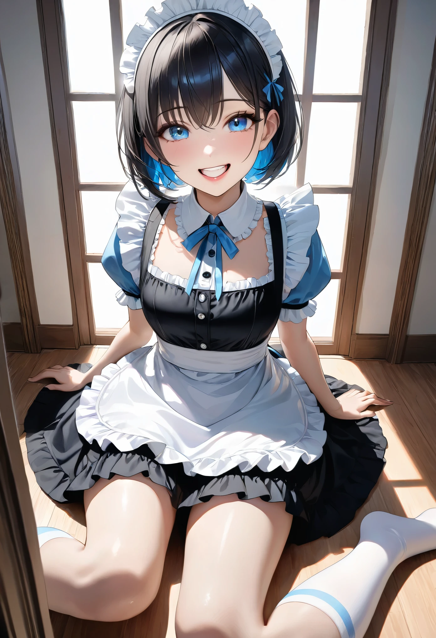 ((SFW、Masterpiece、Best Quality、Mastepiece、highest quality、highest level、Highest quality、One girl、English Maid、Ruffled Headband、Short bob cut、Frilled blouse、Ribbon tie、apron、Long Skirt、Puff sleeves、White silk ankle sock ruffles、Black Hair、Intense pale blue eyes、Eye-catching highlights、Perfect Anatomy、Dynamic Lighting、Lip gloss))、(Raw photo:1.2)、(Photorealistic:1.4)、(I hardly ever look up、Stare intently into the camera、Take a photo from a slightly higher angle with your camera)、A beautiful face with perfect symmetry、Beautiful detailed woman、Very detailedな目と顔、Beautiful detailed eyes、Great smile、Laughing very happily、Laughing a lot、Beautiful teeth、Beautiful teeth alignment、Super detailed、Very detailed、Light on the Face、((Dynamic Pose))、(Camel Toe)、(half)、(Sitting with bent knees)、Short Hair、Crossed bangs、Asymmetrical bangs、Short bob cut、Put out your ears、Eyelashes、Cute Hadow Fade、Shadow Fade:0.9、A little natural light coming in from the front、There's a little natural light coming in from both sides.、Daytime autumn nature background:1.2、The face becomes a little brighter