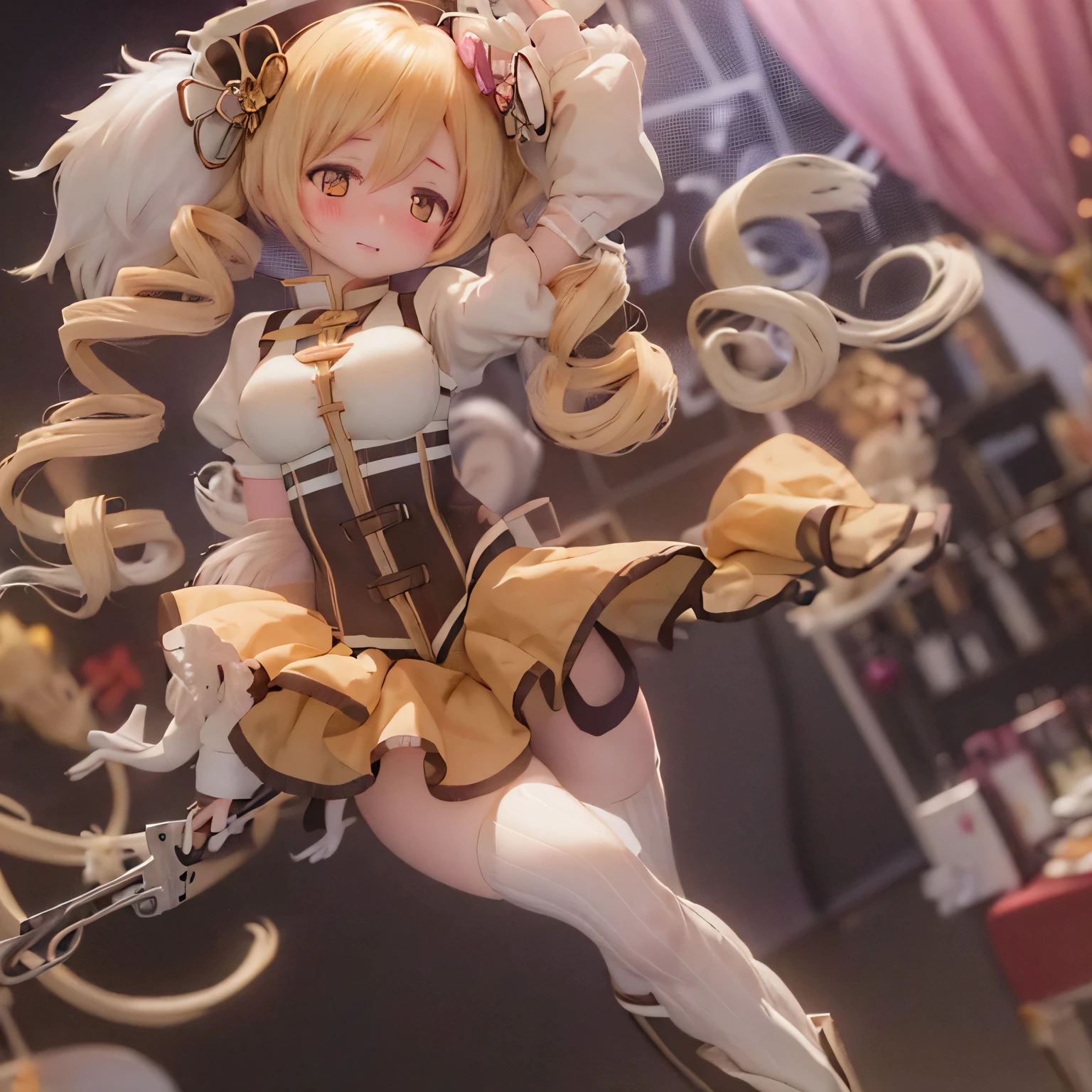 (highest quality,ultra-detailed,masterpiece:1.2),Expressive eyes,Perfect Face,Beautiful Madoka Kaname,Pink Long Hair,Golden Eyes,Pink Lips,detailed,Anime Style,Vibrant colors,cute,Curvaceous and full,Blushing, Big Blonde Ride a bike and pedal