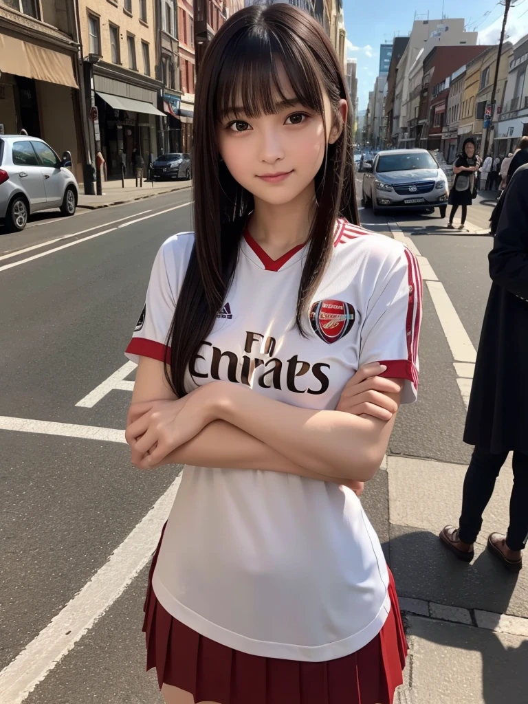 (8k, RAW Photos, highest quality, masterpiece:1.2), (Realistic, photo-Realistic:1.4), (Highly detailed 8k wallpaper), ((Full Body Shot)), (1 girl), Sharp focus, Depth of written boundary, Cinematic lighting, Soft Light, 緻密な美しさのeye, eye_Chan, Very beautiful 17 year old girl, innocent big eyes, Realistic, photo Realistic, Highly detailed cute girl, (Thin thighs), (Model Body Type), 18-year-old, (((Arsenal Soccer Jersey))), ((Micro Mini Pleated Skirt)), (((Fold your arms in front of your chest and act arrogantly))), ((A happy smile)), Parted lips, Watching the audience, (On the streets of Britain) , (Brown Hair),(Long Bob Hair), (Asymmetrical bangs)
