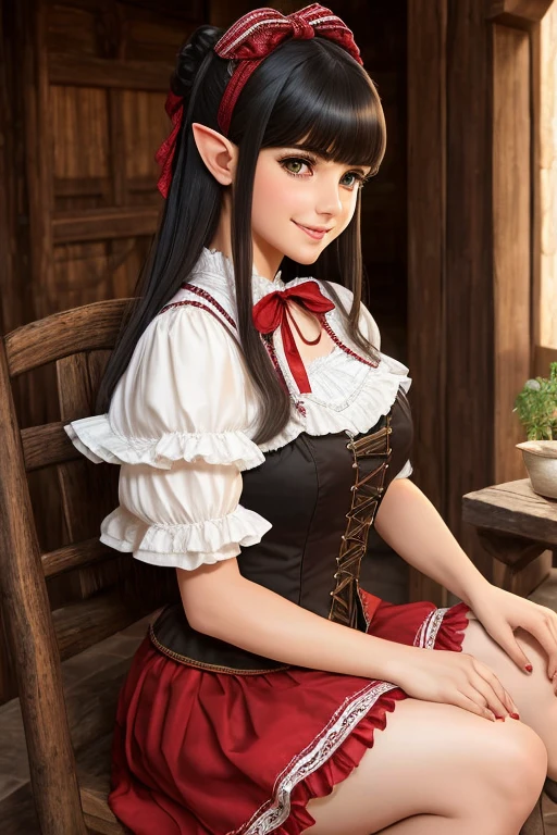 1elf female , masterpiece, best quality, ultra-detailed, beautiful detailed, (((extremely detailed face))), (((blunt bangs))), (((big frills and ribbon))), grin, (((red blouse))), (black skirt), suspender dress, shoulder-length black hair,olhos castanhos, thin lips, Rosto redondo,seios grandes, cintura larga com uma barriguinha de chopp as vezes, 1,67m e 46 kg,sitting inside a rustic palace 