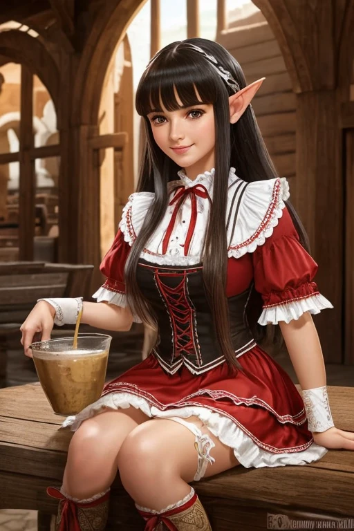 1elf female , masterpiece, best quality, ultra-detailed, beautiful detailed, (((extremely detailed face))), (((blunt bangs))), (((big frills and ribbon))), grin, (((red blouse))), (black skirt), suspender dress, shoulder-length black hair,olhos castanhos, thin lips, Rosto redondo,seios grandes, cintura larga com uma barriguinha de chopp as vezes, 1,67m e 46 kg,sitting inside a rustic palace 