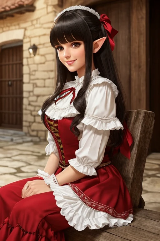 1elf female , masterpiece, best quality, ultra-detailed, beautiful detailed, (((extremely detailed face))), (((blunt bangs))), (((big frills and ribbon))), grin, (((red blouse))), (black skirt), suspender dress, shoulder-length black hair,olhos castanhos, thin lips, Rosto redondo,seios grandes, cintura larga com uma barriguinha de chopp as vezes, 1,67m e 46 kg,sitting inside a rustic palace 