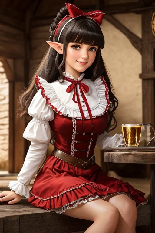 1elf female , masterpiece, best quality, ultra-detailed, beautiful detailed, (((extremely detailed face))), (((blunt bangs))), (((big frills and ribbon))), grin, (((red blouse))), (black skirt), suspender dress, shoulder-length black hair,olhos castanhos, thin lips, Rosto redondo,seios grandes, cintura larga com uma barriguinha de chopp as vezes, 1,67m e 46 kg,sitting inside a rustic palace 