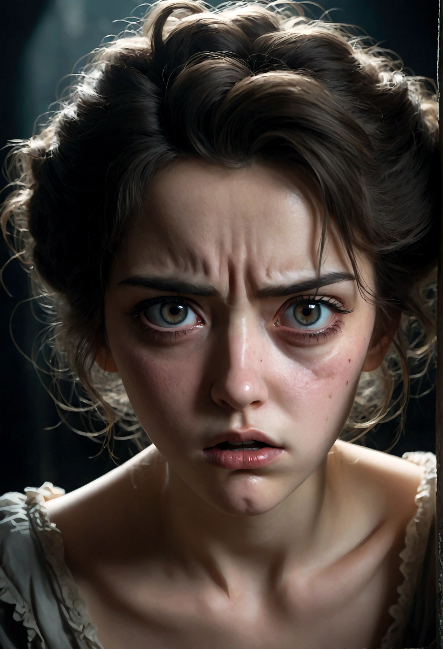 1girl, Disgusted Look, a disgusted woman with a scrunched up face, detailed eyes and lips, long eyelashes, expressive facial features, studio lighting, high quality, cinematic, hyperdetailed, dramatic lighting, cool color tones, gloomy atmosphere, horror, dark fantasy, masterpiece, best quality, very aesthetic, absurdres