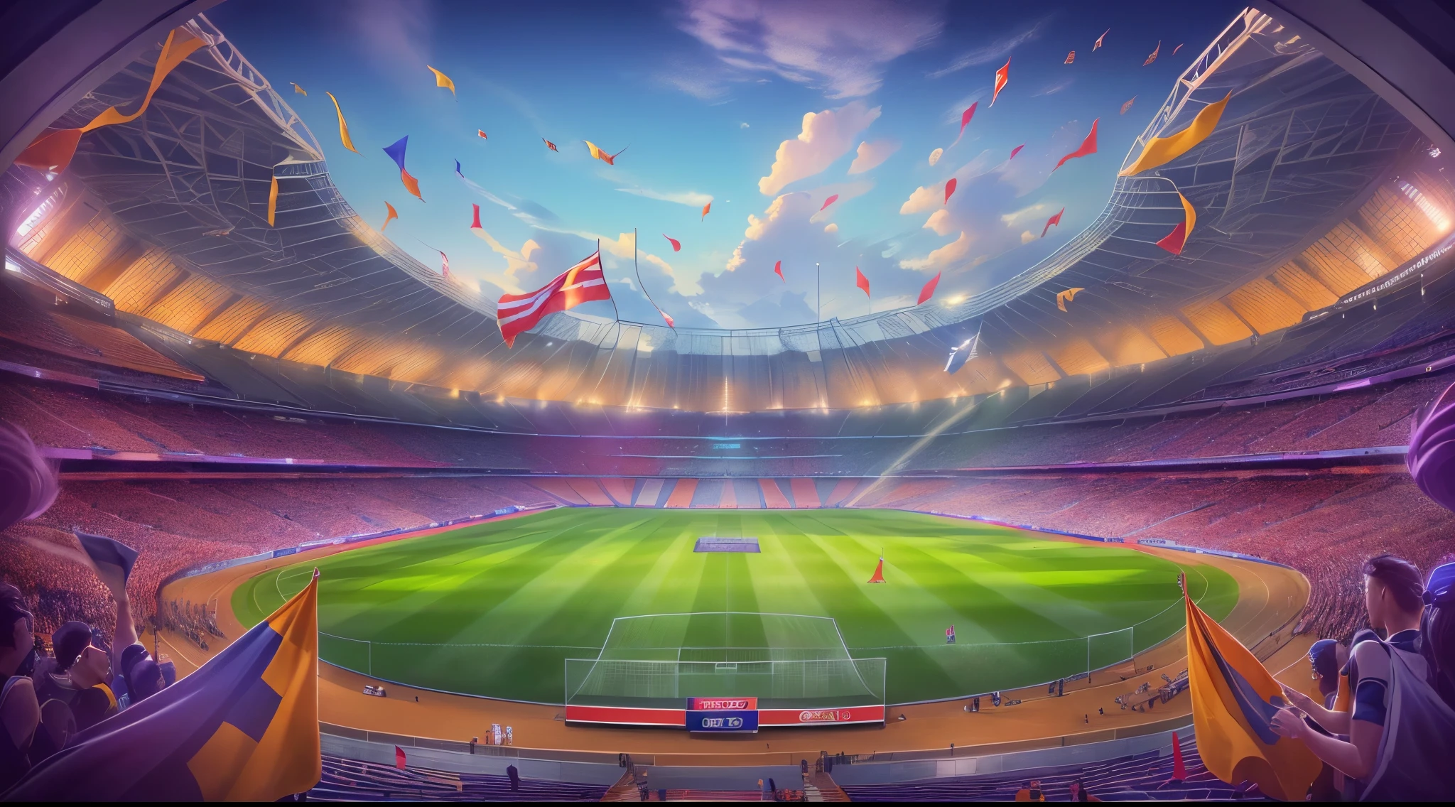arafed view of a soccer stadium with fans and flags, soccer stadium, stadium landscape, futuristic sport arena, stadium, amazing wallpaper, background artwork, arena background, coliseum background, beautiful high resolution, epic stunning atmosphere, 4 k hd wallpaper illustration, art deco stadium, stadium setting, game illustration, detailed game art illustration, stadium full of people, beautiful atmosphere