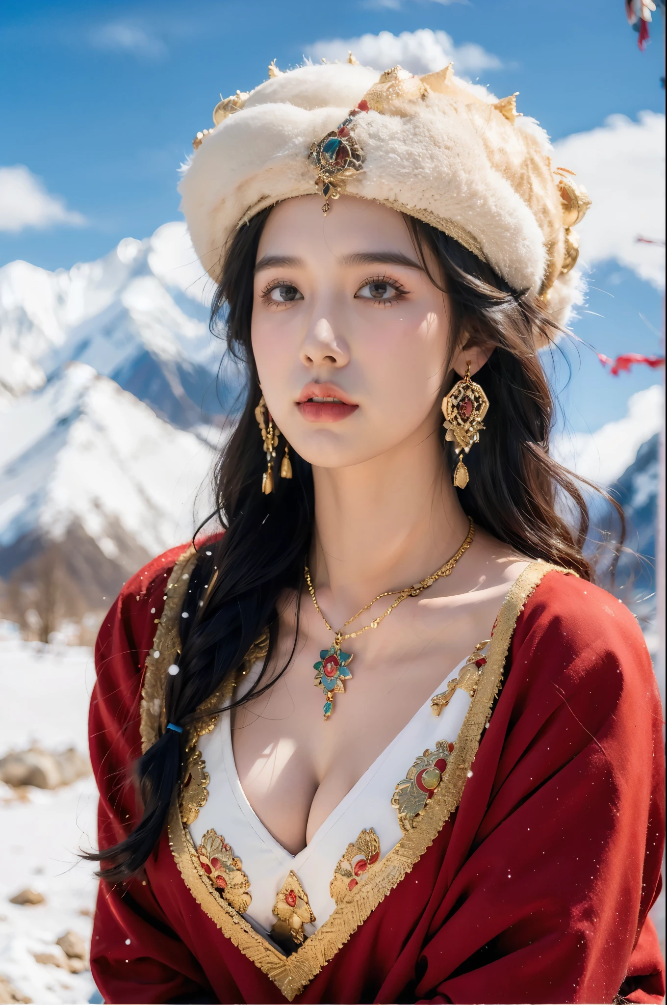 (masterpiece, best quality:1.2),red Tibetan clothing,1 Tibetan girl, blue sky, cloud, cloudy sky, day, earrings,Plush hat, horizon,Tibetan Earrings,jewelry,necklace, lips,snow mountain, outdoors, parted lips, red lips, solo, upper body,((cleavage,gigantic breasts))
