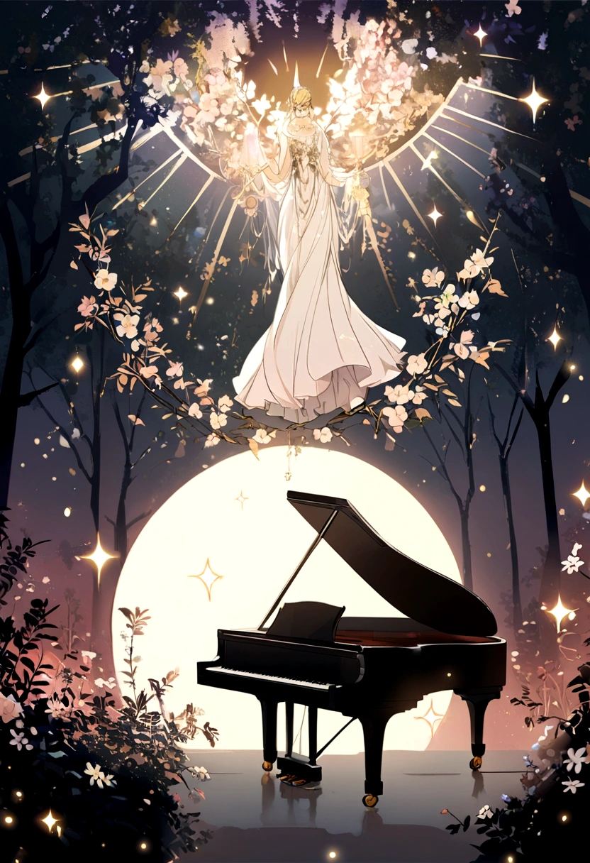 A grand piano in the moonlight、Shinkai Seikaze Anime、In the forest at night、The light of the full moon shines brightly