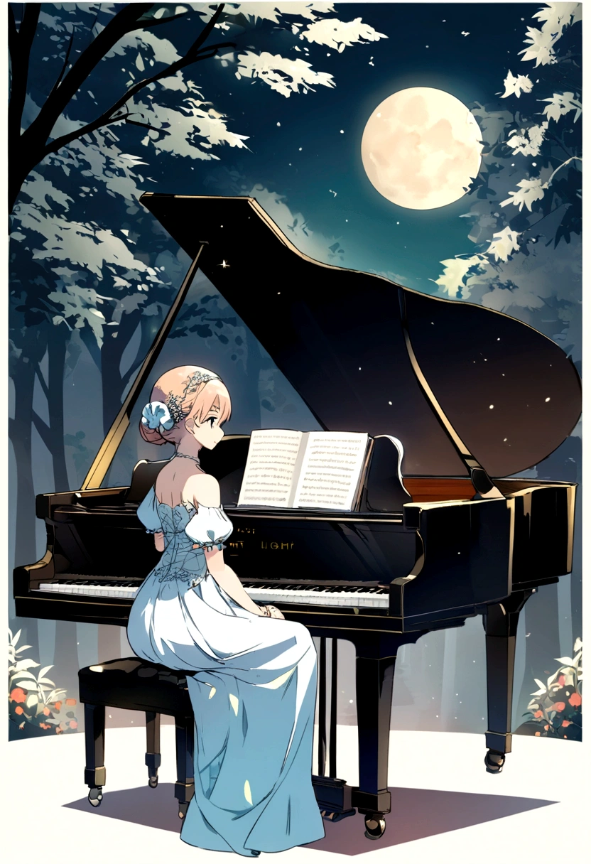 A grand piano in the moonlight、Shinkai Seikaze Anime、In the forest at night、The light of the full moon shines brightly