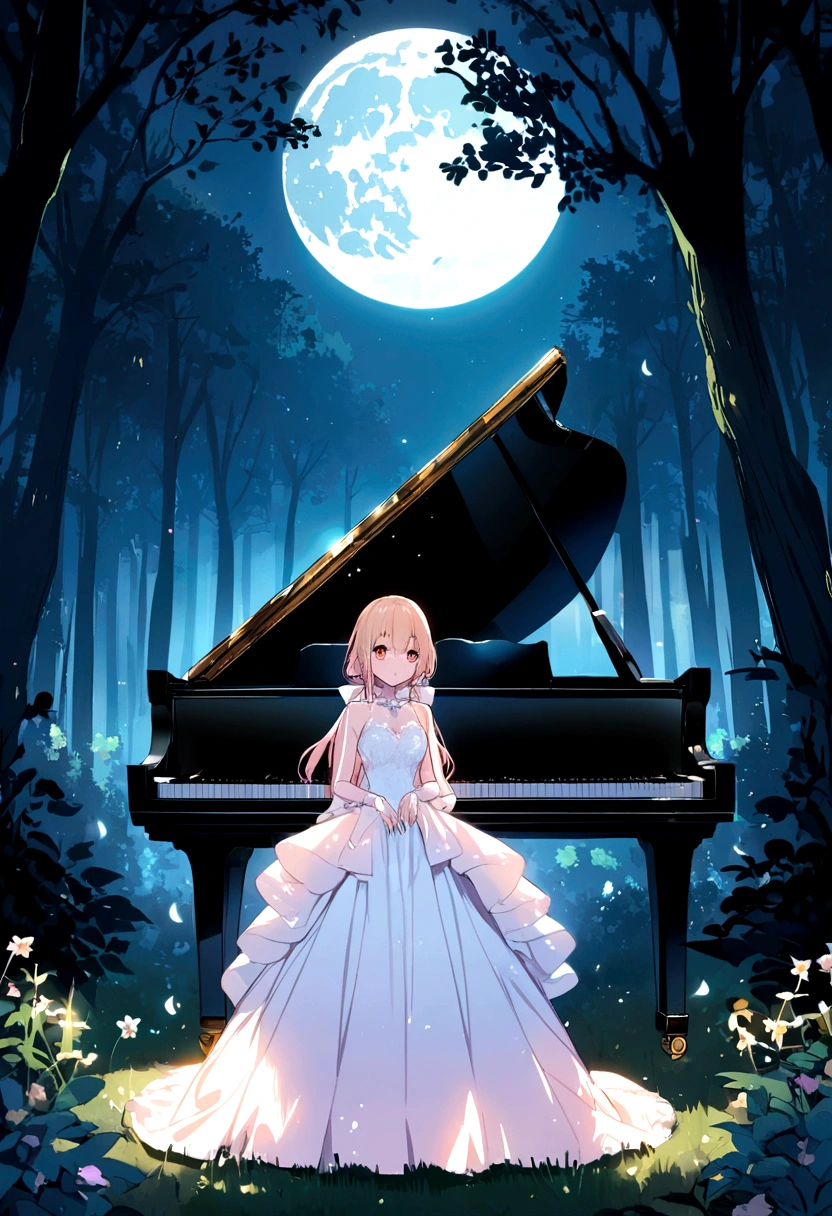 A grand piano in the moonlight、Shinkai Seikaze Anime、In the forest at night、The light of the full moon shines brightly