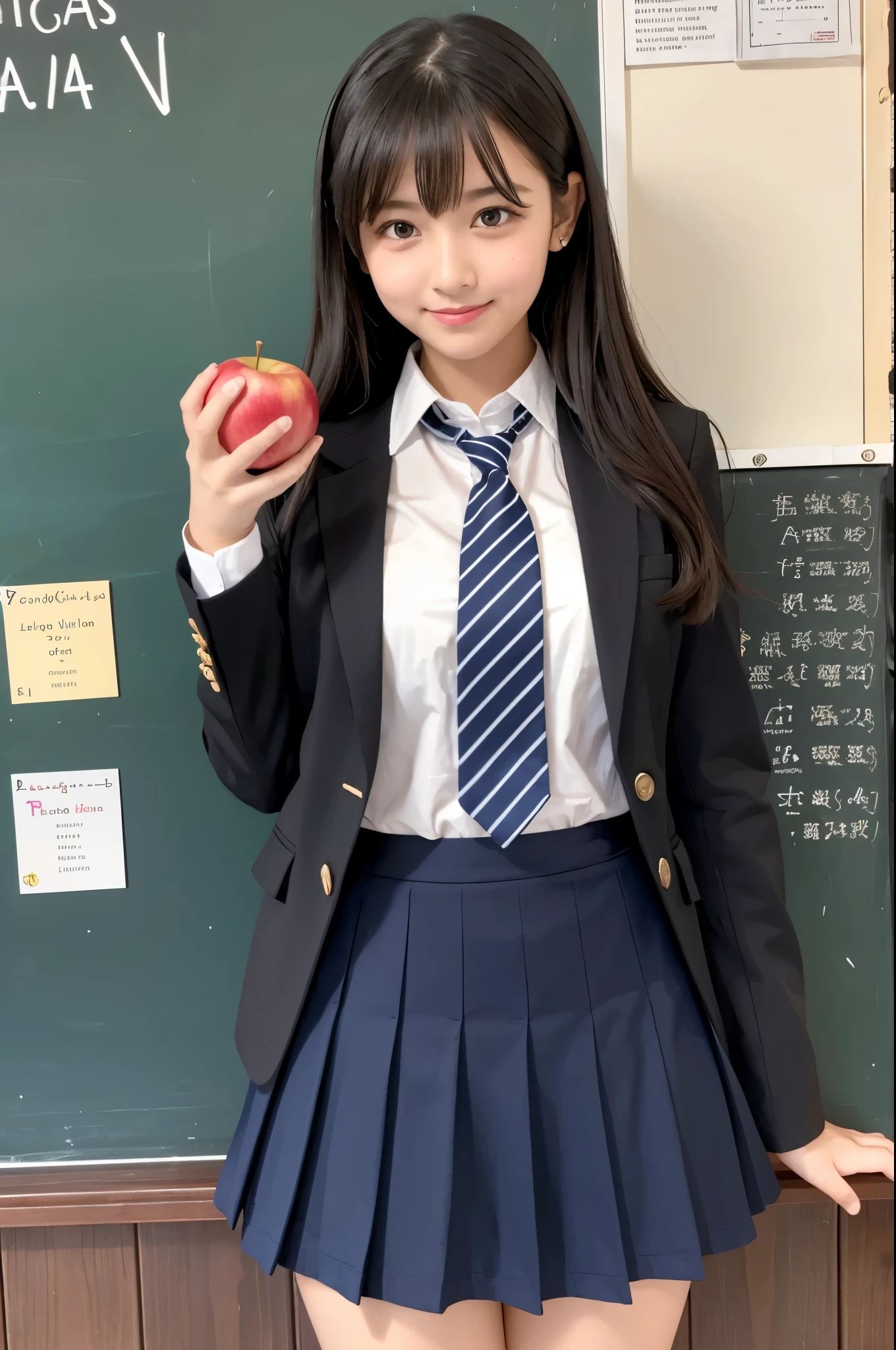 Arabian woman in a skirt holding an apple in front of a blackboard, As a strict school teacher ), high school girl, Knee socks and skirt, Wearing the principal's uniform, a hyperリアルなhigh school girl, high school girlの格好をした, リアルなhigh school girl, school uniform, hyperリアルなhigh school girl, wearing , cute , mini skirt, wearing