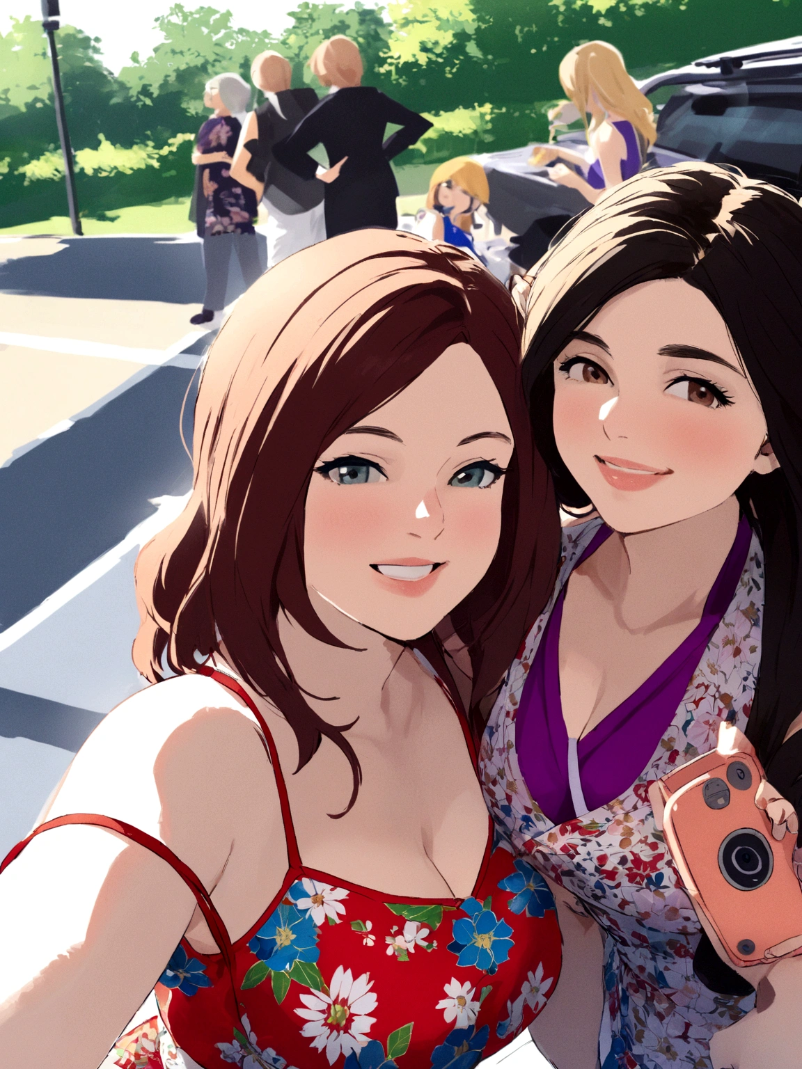 In the image, there are two women taking a selfie. The woman on the left is 30 year old, has long blonde hair and is wearing a sleeveless top with a floral pattern. The woman on the right has long brown hair, is 45 years old and is wearing a sleeveless top with a solid color. They both appear to be smiling and enjoying their time together. In the background, there are other people and a vehicle, suggesting they might be in a public area or a parking lot. The weather seems to be sunny, as indicated by the shadows and the bright lighting.
