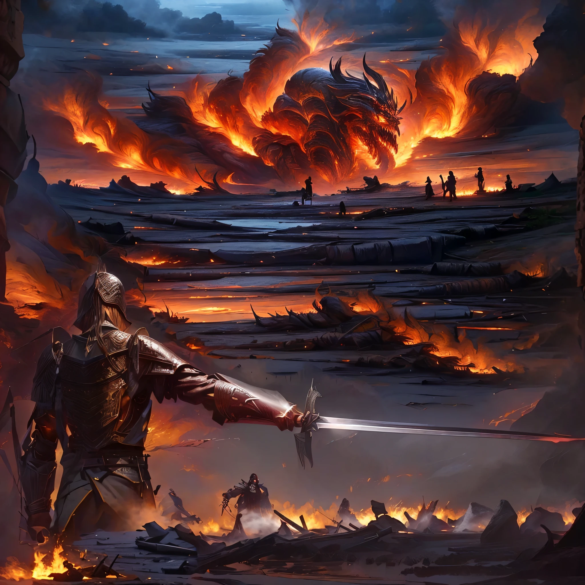 A man wearing a coat、Man holding a sword walking on the battlefield,Epic fantasy art style,epic beautiful art,Medieval style,Epic RPG Portrait,Stunning character art,fighting background,Wide battlefield,Alone,Back,战场上一个男人的Back,The flames spread,The fire burst into the sky,The war is raging,wounded,Blood,weapons,Top quality,Best quality,masterpiece,The most detailed,rich and colorful,war