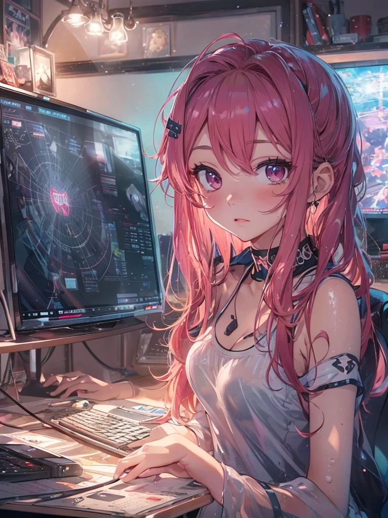 beautiful young woman, anime style, detailed face, red hair, wet hair, large eyes, pink eyes, delicate features, soft lighting, blush, wearing a choker, wearing a casual dress, one-piece dress, sexy, cleavage, barefoot, sitting in a gamer chair, cozy bedroom interior, evening lighting, relaxed posture, playing video games on a gaming PC, multiple monitors, gaming setup, RGB lighting, detailed background, just showered, wet hair, illustration, anime art, hand-drawn style, high quality, highly detailed, 8k resolution, cinematic lighting, best quality, vibrant colors