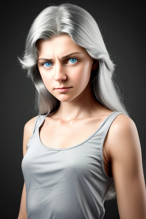 masterpiece, realistic, 8K, (1  girl:1.5), 14 years, Rusue eyes, flat chest with beautiful erect nipples, simple long gray-green tank top without sleeves and decorations(absolutely no panties), (ruffled silver (gray-haired) hair:1.1), (полудлинные hair:1.1), Looking into the distance, the heavy look of a man who has seen some bullshit with an absolutely serene expression on his face, Free standing pose 