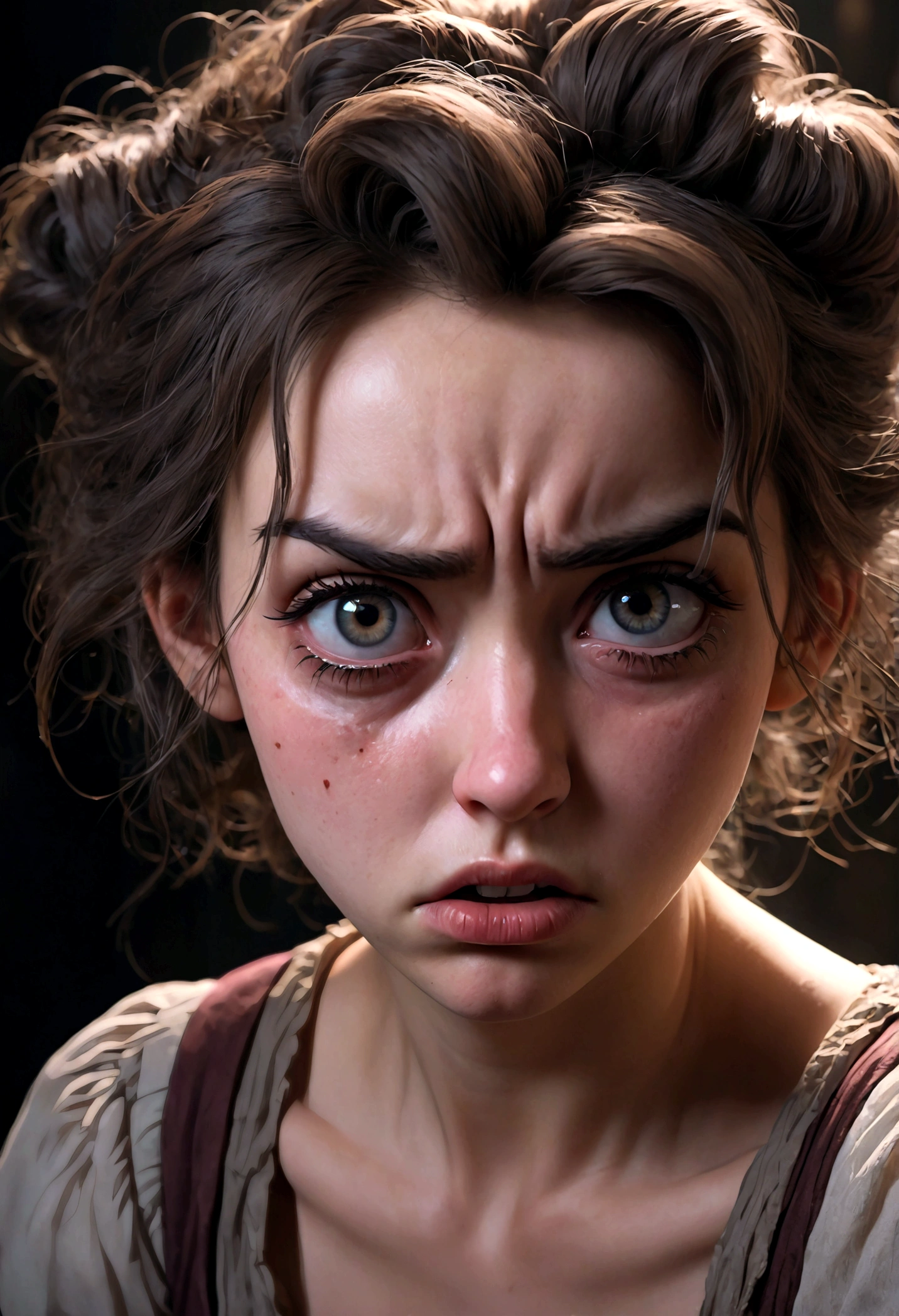 1girl, Disgusted Look, a disgusted woman with a scrunched up face, detailed eyes and lips, long eyelashes, expressive facial features, studio lighting, high quality, cinematic, hyperdetailed, dramatic lighting, cool color tones, gloomy atmosphere, horror, dark fantasy, masterpiece, best quality, very aesthetic, absurdres