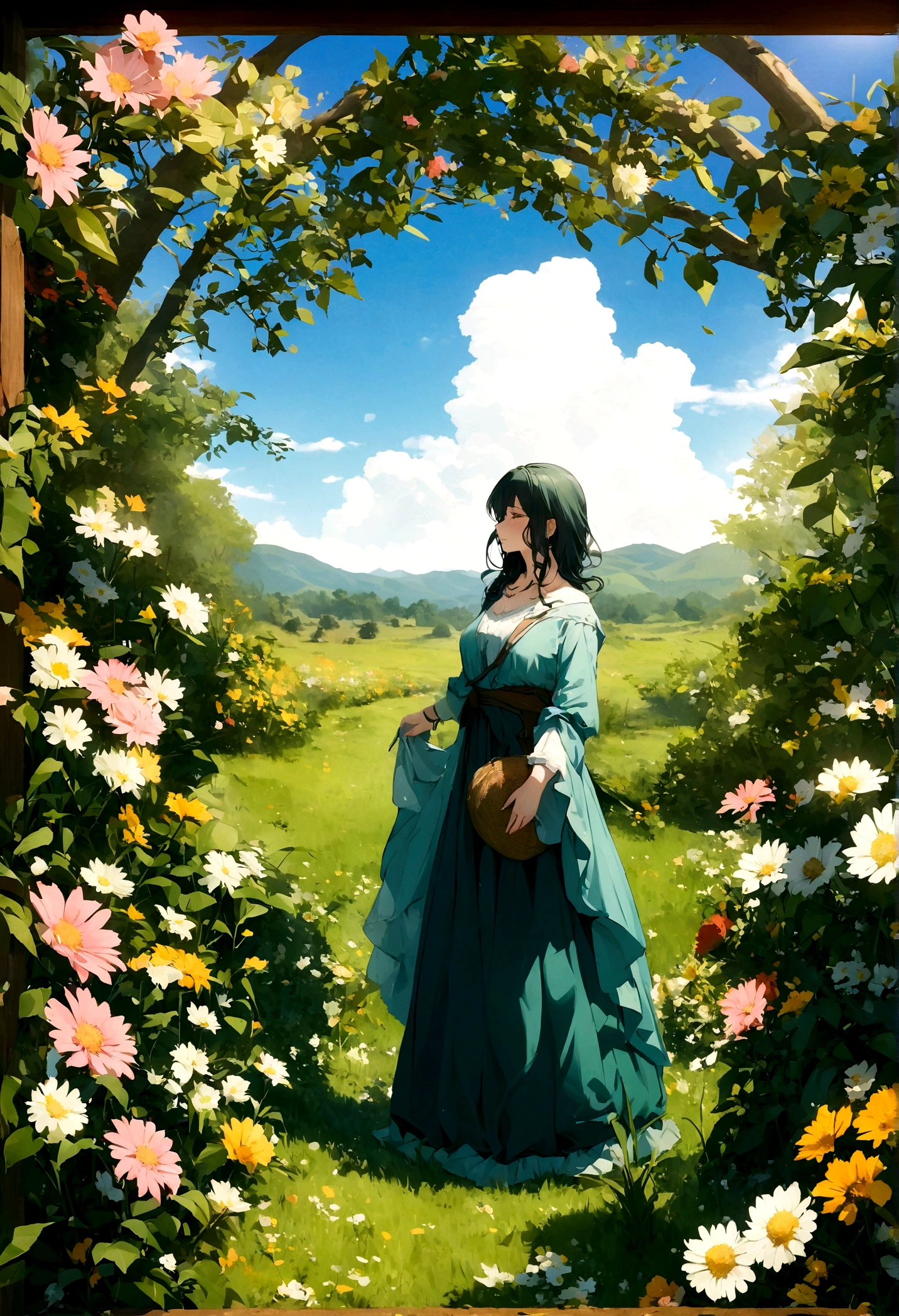 imagem de area aberta, Um Campo florido, Beautiful spring morning, blue sky with few clouds. sol nascente, muitas flores, flores em frente a imagem, panoramic image, campo gramado, gramas verdes, flores variados tipos, campo com gramas verdes, foto imagem, qualidade 4k