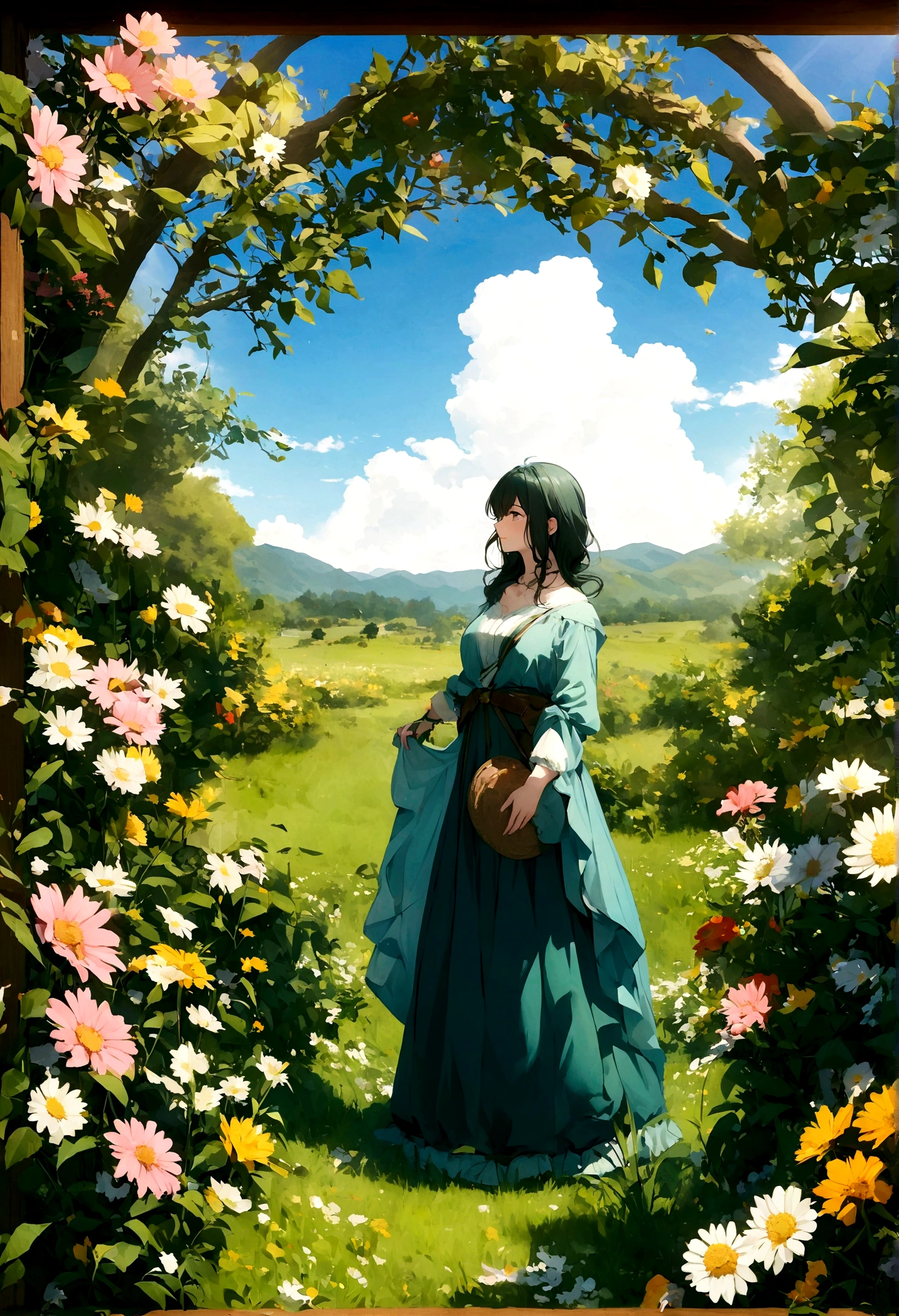 imagem de area aberta, Um Campo florido, Beautiful spring morning, blue sky with few clouds. sol nascente, muitas flores, flores em frente a imagem, panoramic image, campo gramado, gramas verdes, flores variados tipos, campo com gramas verdes, foto imagem, qualidade 4k
