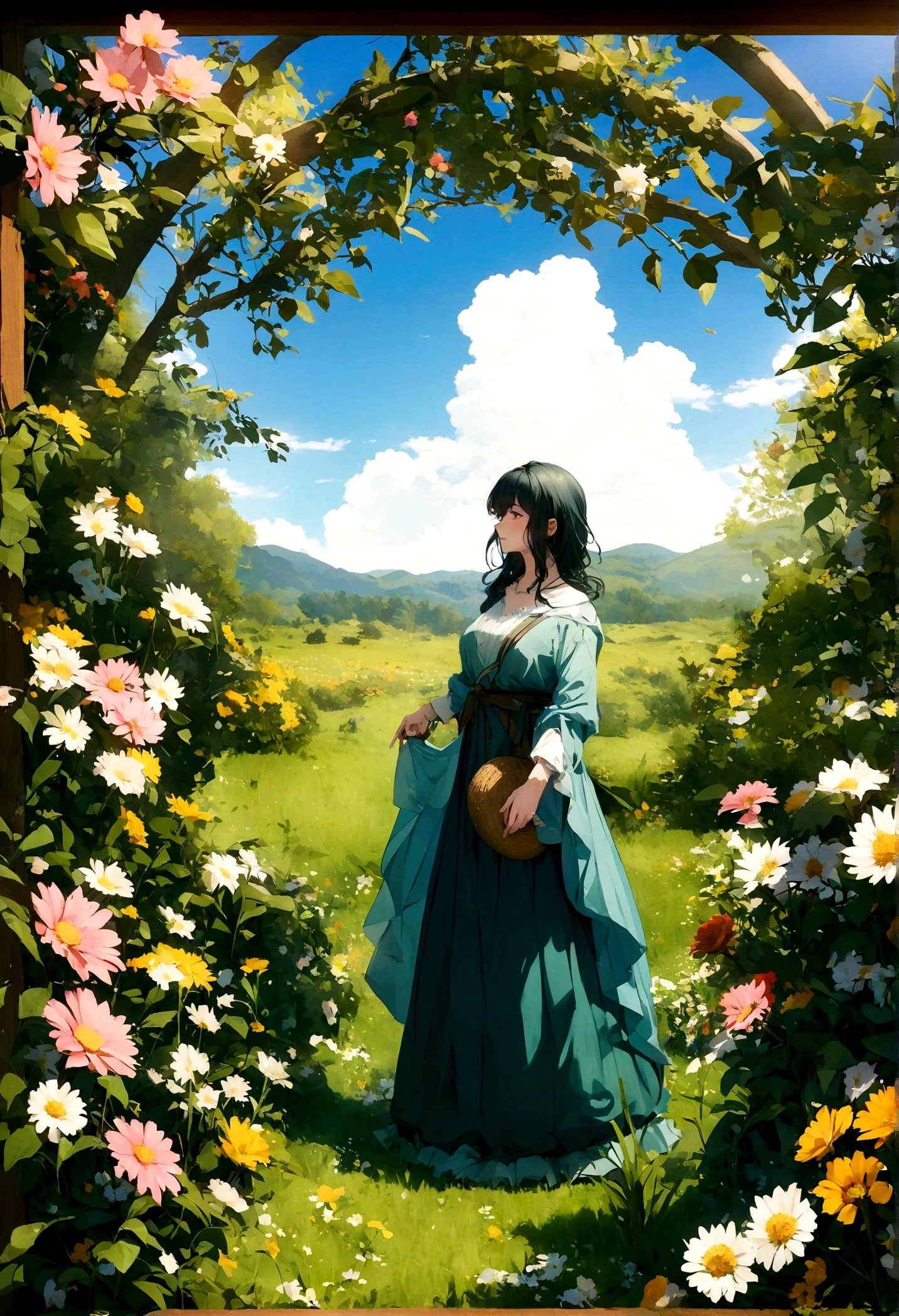 imagem de area aberta, Um Campo florido, Beautiful spring morning, blue sky with few clouds. sol nascente, muitas flores, flores em frente a imagem, panoramic image, campo gramado, gramas verdes, flores variados tipos, campo com gramas verdes, foto imagem, qualidade 4k